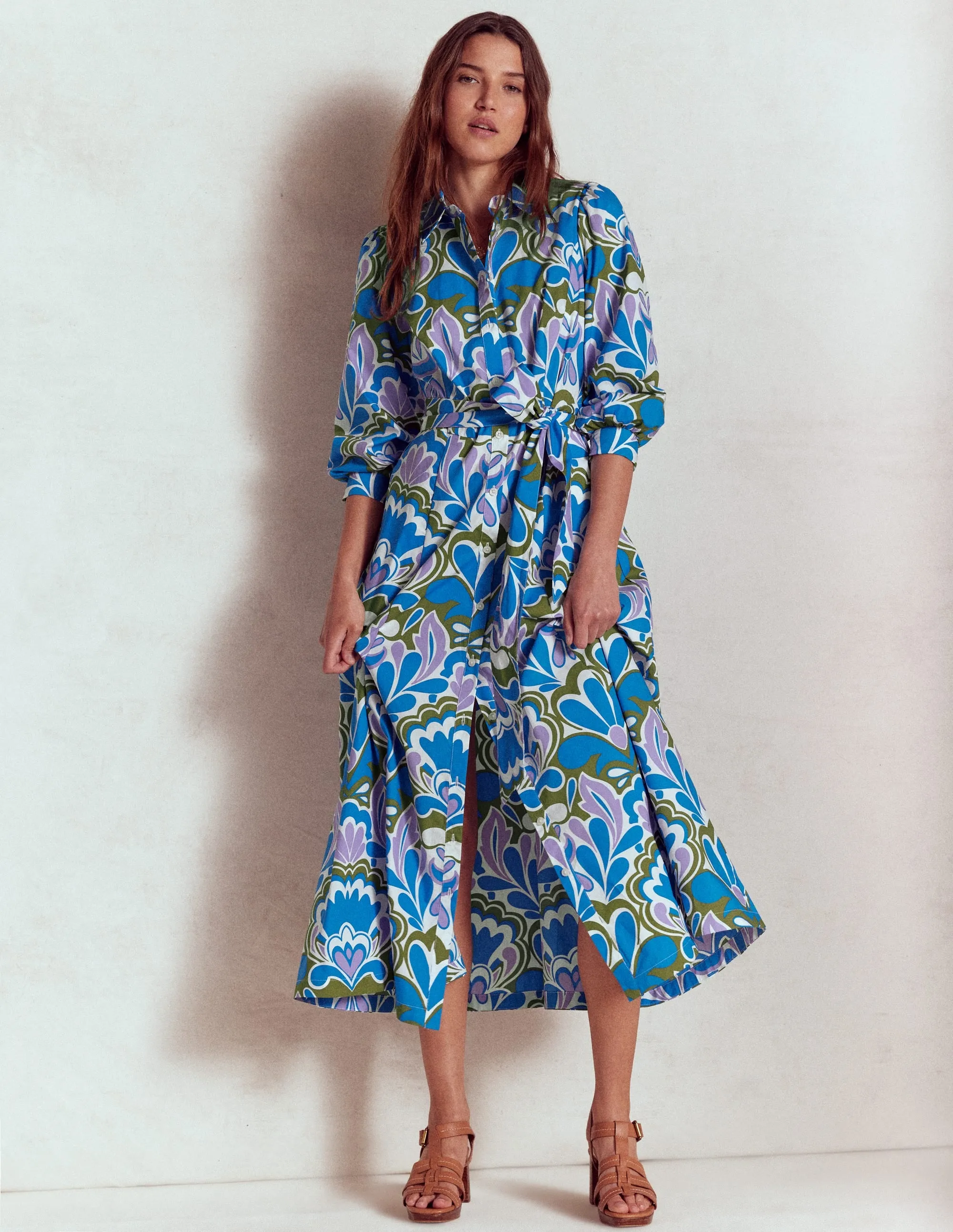 Clara Cotton Shirt Dress-Kingfisher Blue, Freesia Stamp