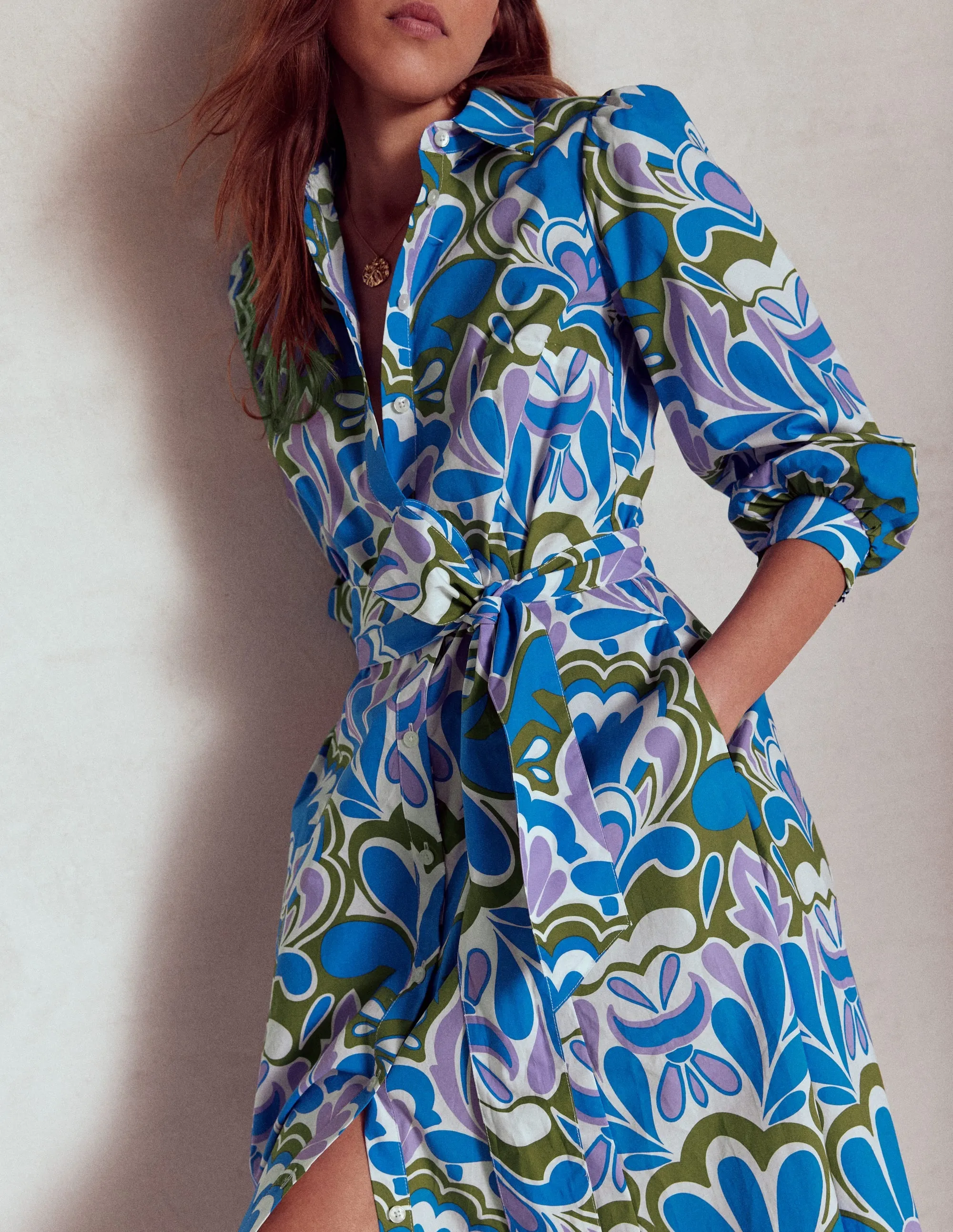 Clara Cotton Shirt Dress-Kingfisher Blue, Freesia Stamp