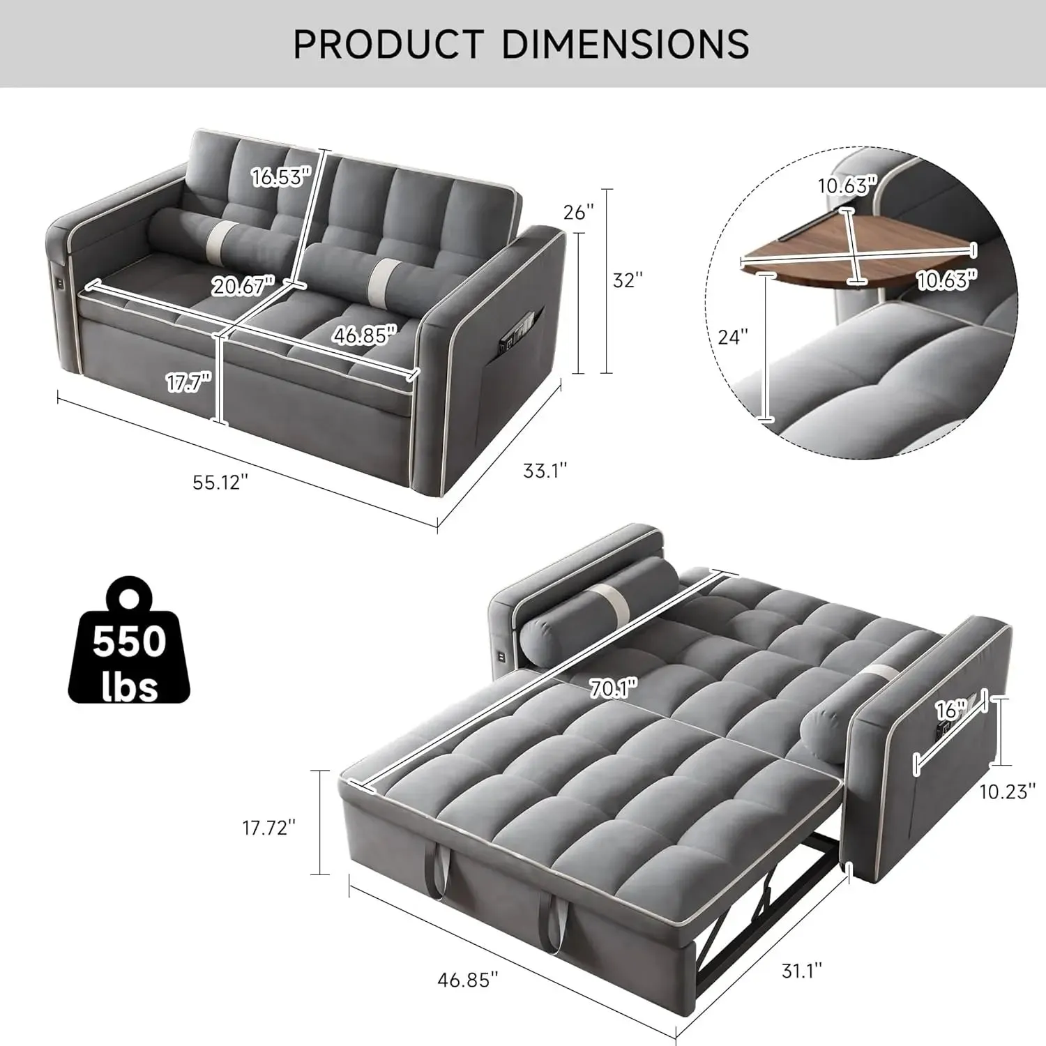 “ComfortMax 3-in-1 Convertible Sofa Bed with Side Table”