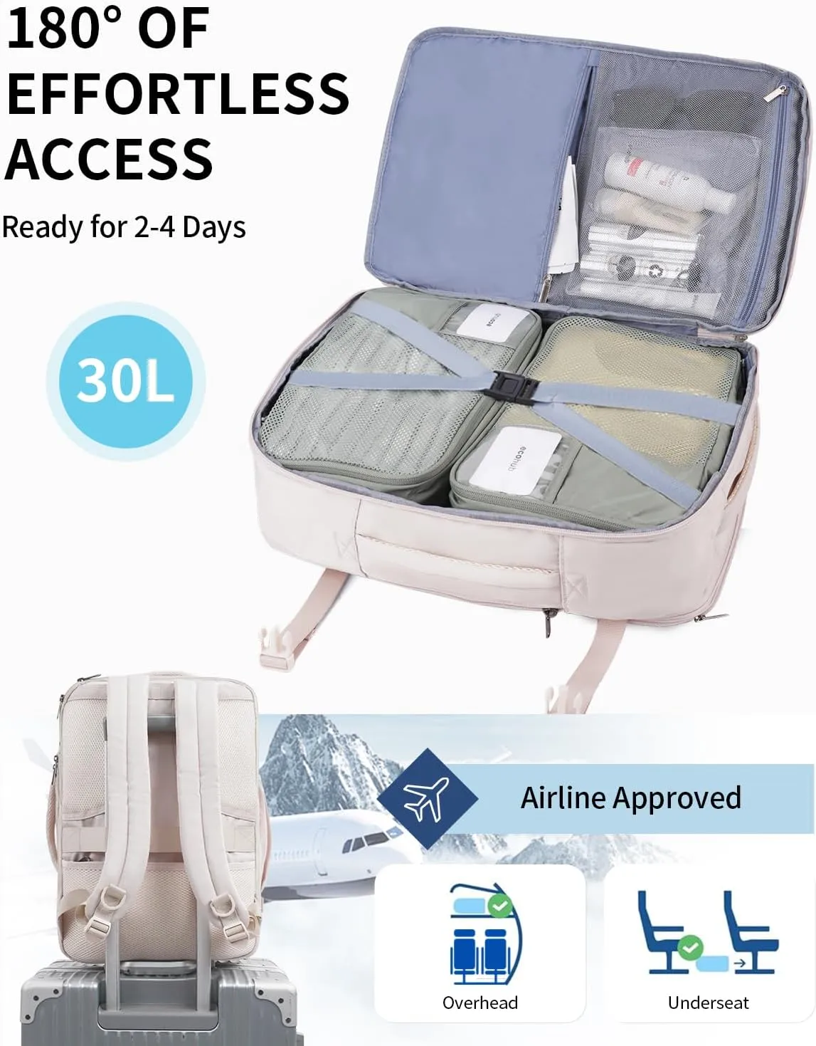 ECOHUB Carry On Travel Backpack, Expandable Airlines Personal Item Bag 18x14x8, Water Resistant 17 inch Laptop Backpack Flight Approved, 12 Pockets 30L Work Backpacks with Wet Pocket & Cable Slot