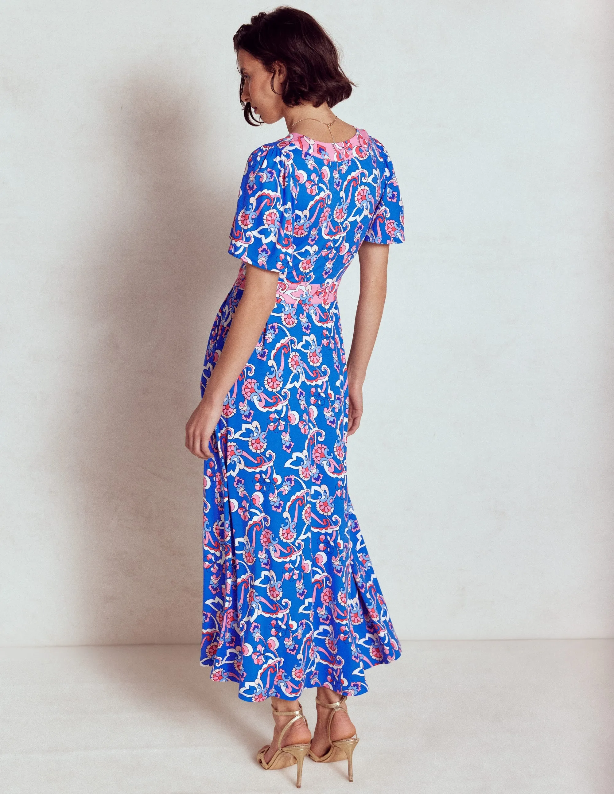 Ellie Flutter Maxi Tea Dress-Kingfisher Blue, Foliage Trail