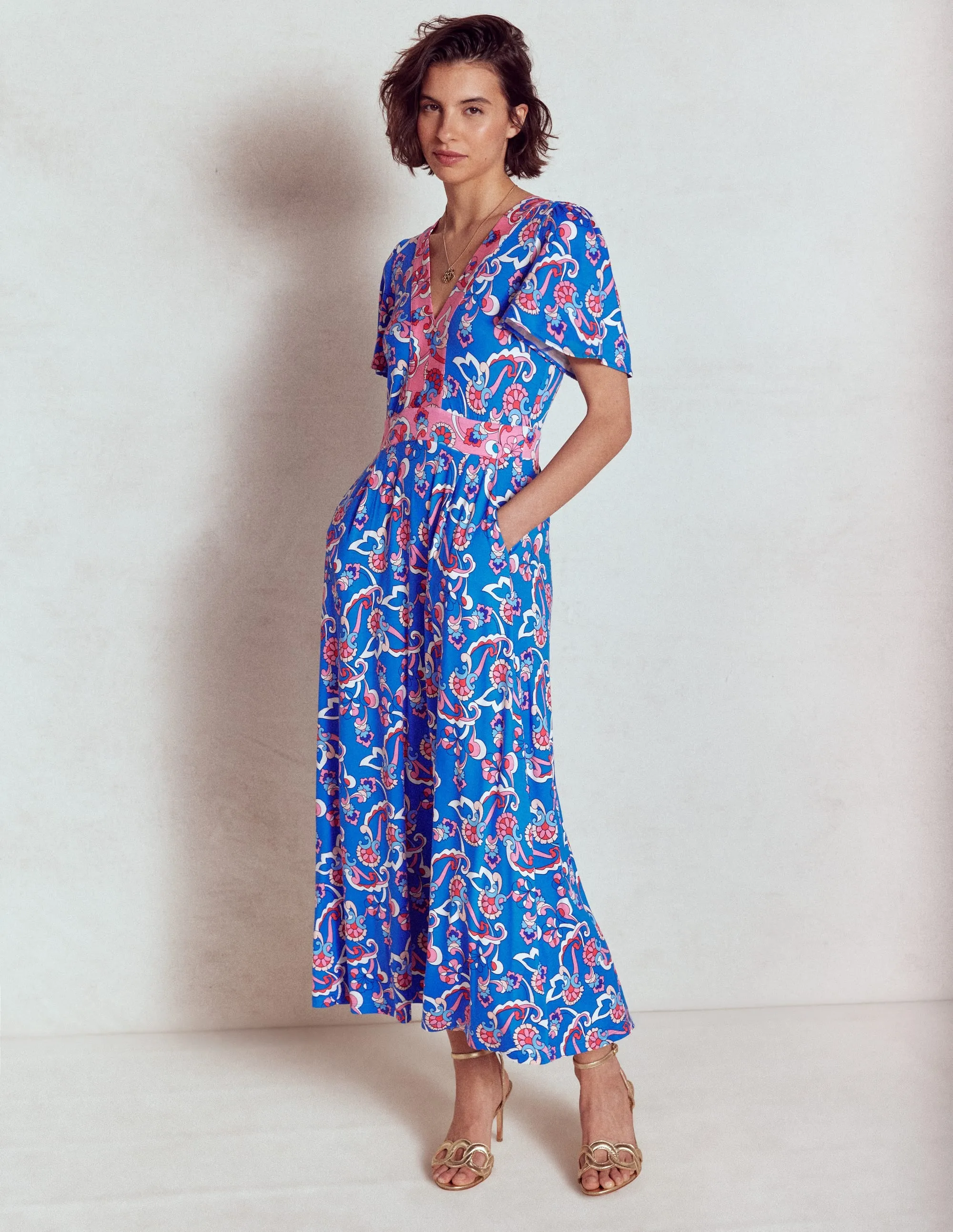 Ellie Flutter Maxi Tea Dress-Kingfisher Blue, Foliage Trail