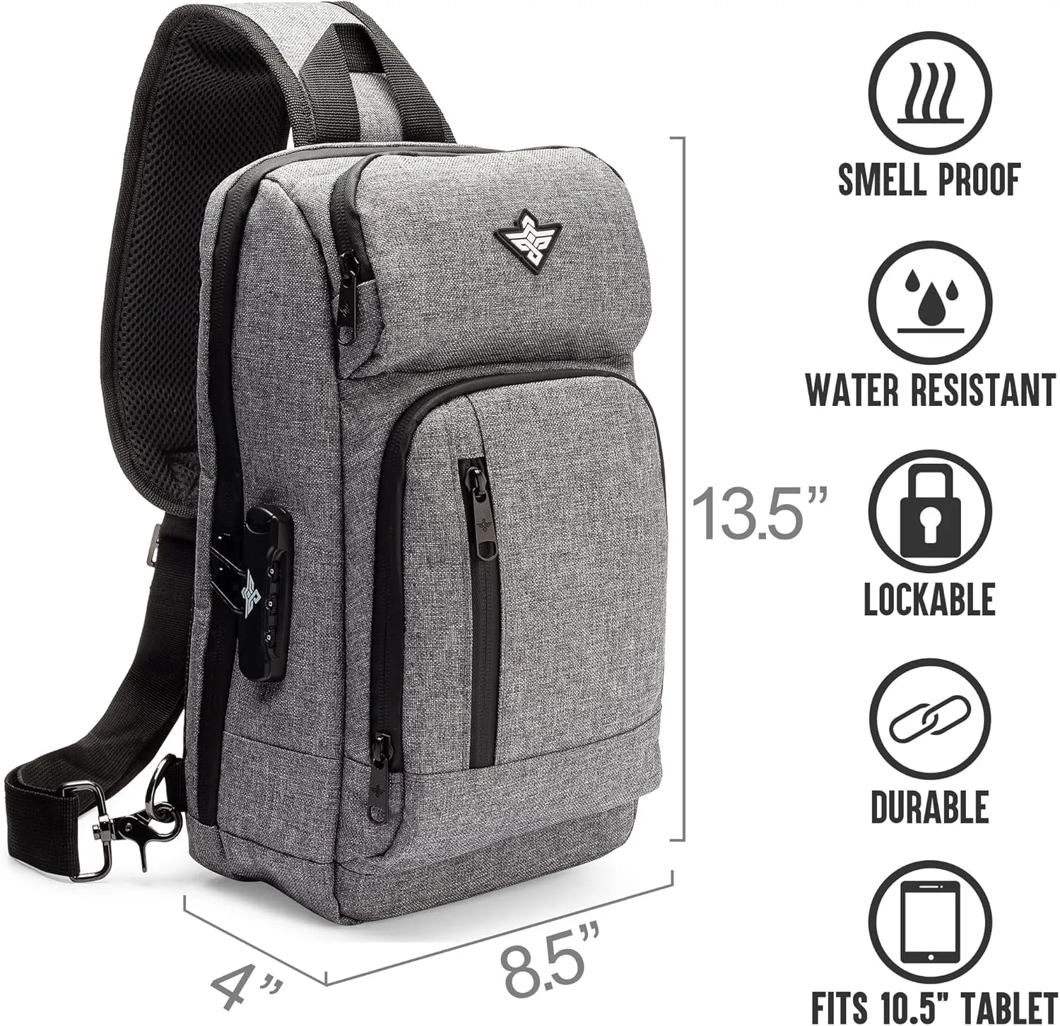Equinox Sling Backpack Anti Theft Combination Lock Chest Shoulder Bag Waterproof Crossbody Casual Daypack (Grey)