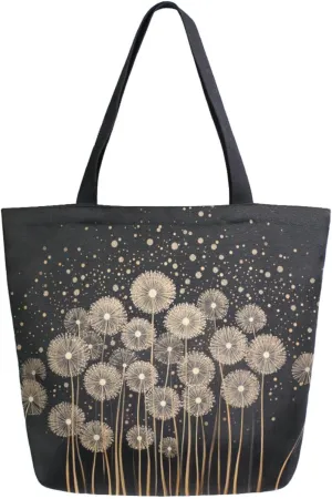 Fashion Extra Large Shoulder Grocery Tote Bag, Golden Dandelion Art Flowers Canvas Durable Daily Weekender Handle Bag for Gym Picnic Yoga Beach Travel Kitchen Market Grocery Shopping