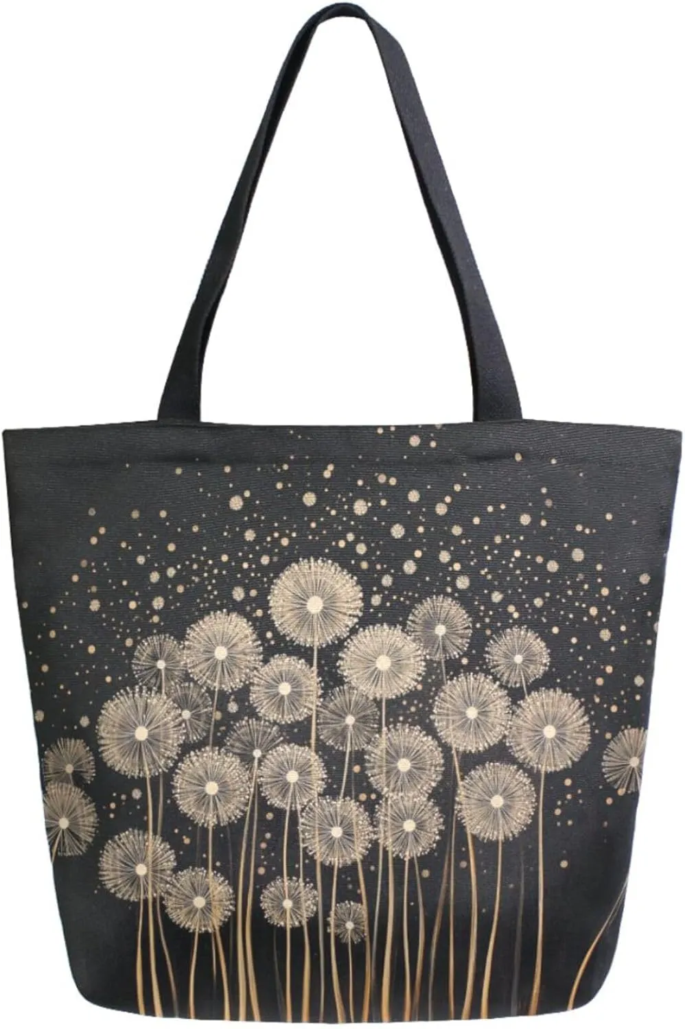 Fashion Extra Large Shoulder Grocery Tote Bag, Golden Dandelion Art Flowers Canvas Durable Daily Weekender Handle Bag for Gym Picnic Yoga Beach Travel Kitchen Market Grocery Shopping
