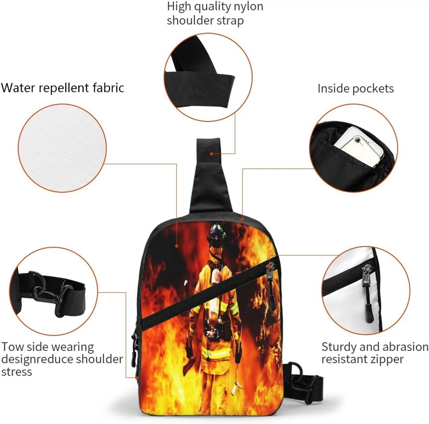 Fire Firefighter Fireman Searches Sling Bag for Men Women, Small Crossbody Sling Backpack Shoulder Chest Bag, Anti Theft Travel Hiking Sports