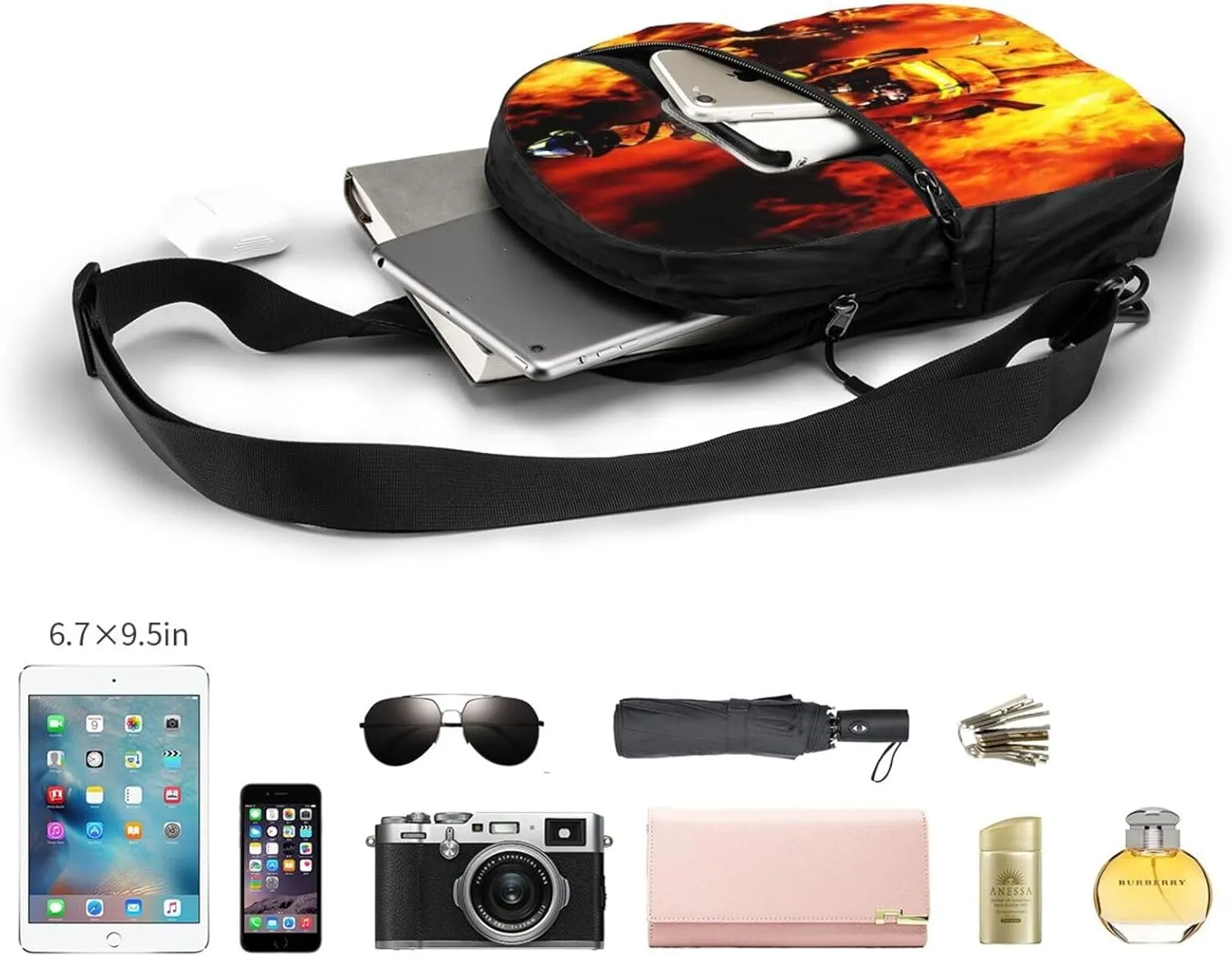 Fire Firefighter Fireman Searches Sling Bag for Men Women, Small Crossbody Sling Backpack Shoulder Chest Bag, Anti Theft Travel Hiking Sports