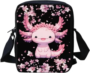 Floral Axolotl Small Crossbody Bags for Women Mini Messenger Bag Portable Work Travel Daypack Cell Phone Shoulder Purses with Adjustable Strap