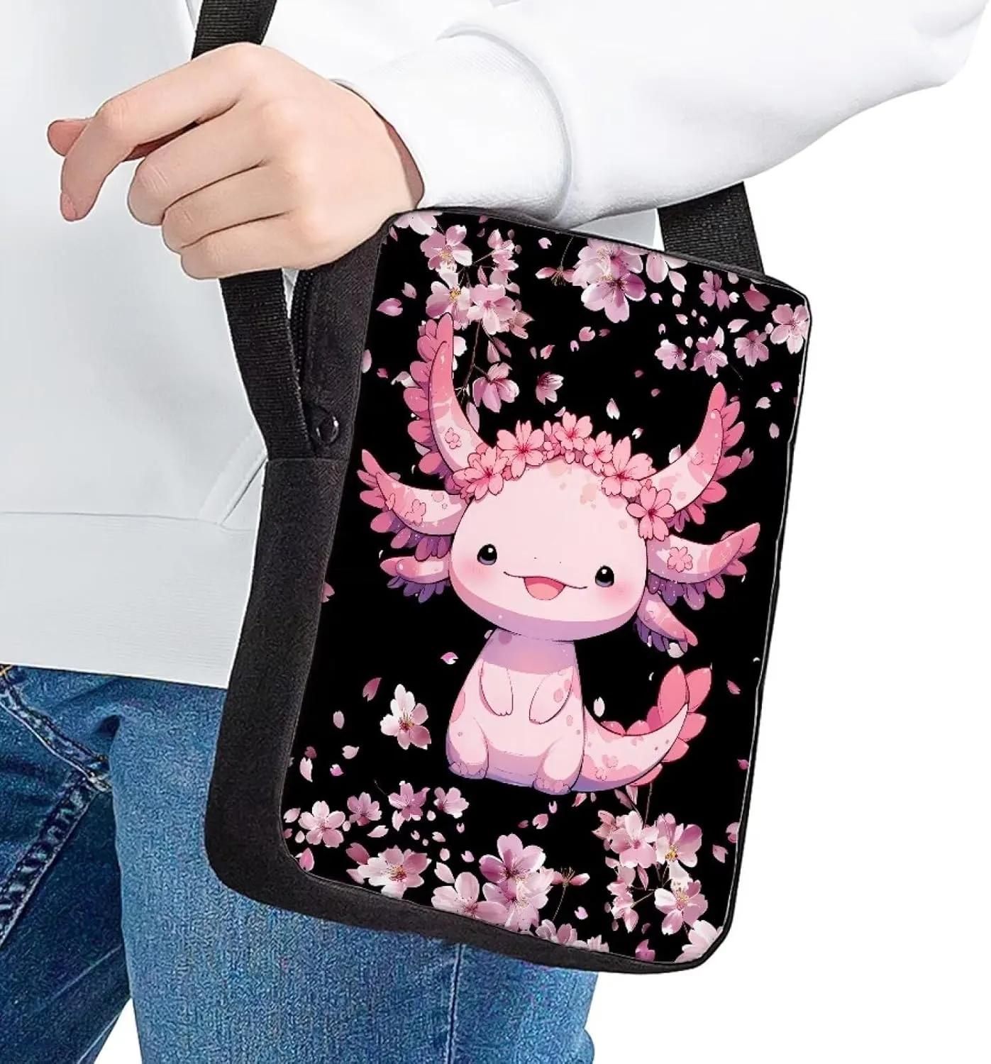 Floral Axolotl Small Crossbody Bags for Women Mini Messenger Bag Portable Work Travel Daypack Cell Phone Shoulder Purses with Adjustable Strap