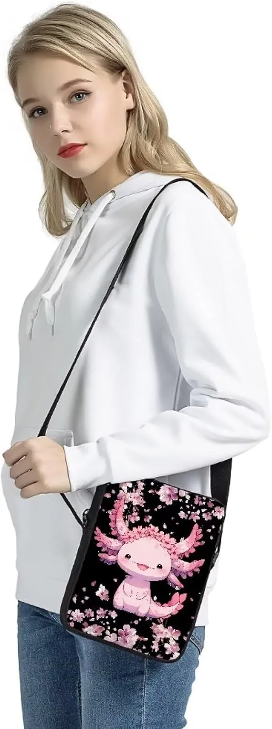 Floral Axolotl Small Crossbody Bags for Women Mini Messenger Bag Portable Work Travel Daypack Cell Phone Shoulder Purses with Adjustable Strap