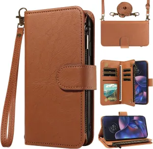 for Motorola Moto Edge 2022/MotoEdge 5G UW 2022 Wallet Phone Case with Crossbody Lanyard Strap Leather Card Holder Slot Stand Kickstand Men Women Flip Cell Cover for Gen 3 XT2205-1 XT2205-2 6.6 Brown
