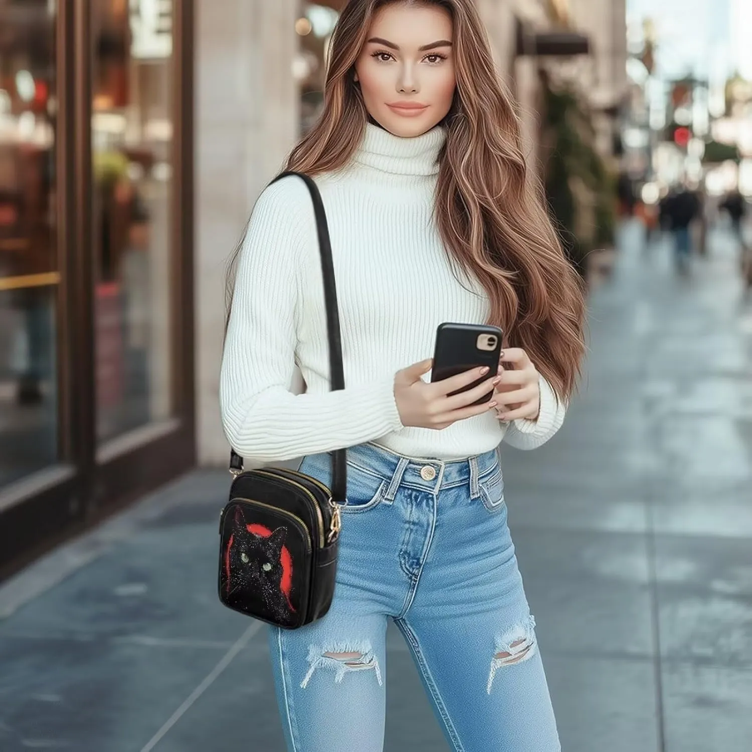 Gothic Small Crossbody Bags PU Leather Handbags for Women, Travel Wallet Zipper Phone Pouch with Adjustable Strap