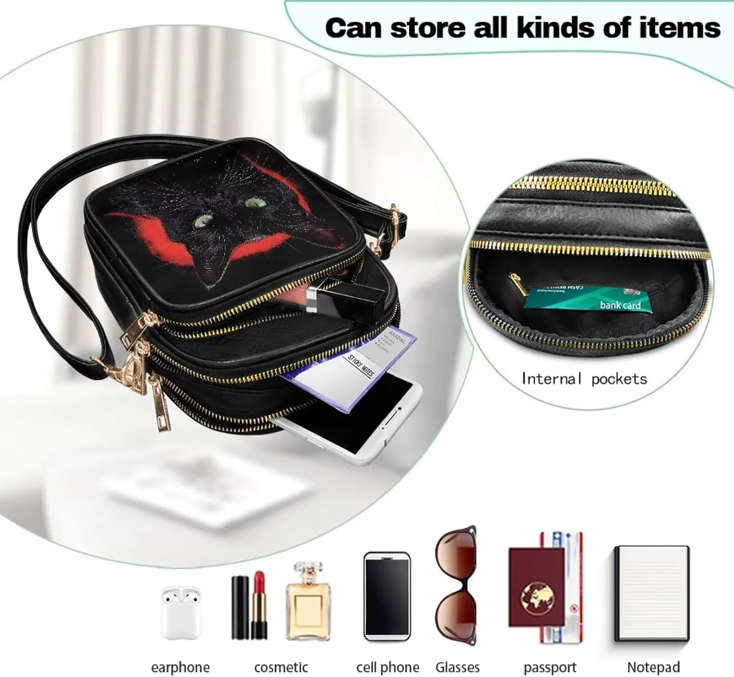 Gothic Small Crossbody Bags PU Leather Handbags for Women, Travel Wallet Zipper Phone Pouch with Adjustable Strap