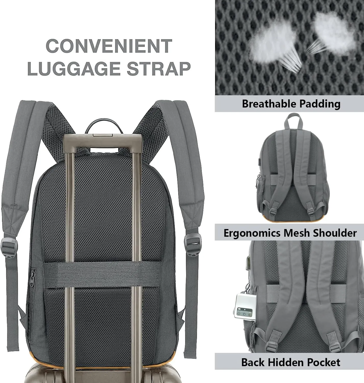 KEOFID classic carry-on travel backpack for men and women, Anti theft laptop backpack with USB charging port, work backpack, backpack for college, water resistent(Grey 19inches)