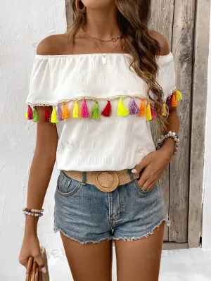 Kiss Me Off the Shoulder Shirt With Tassels