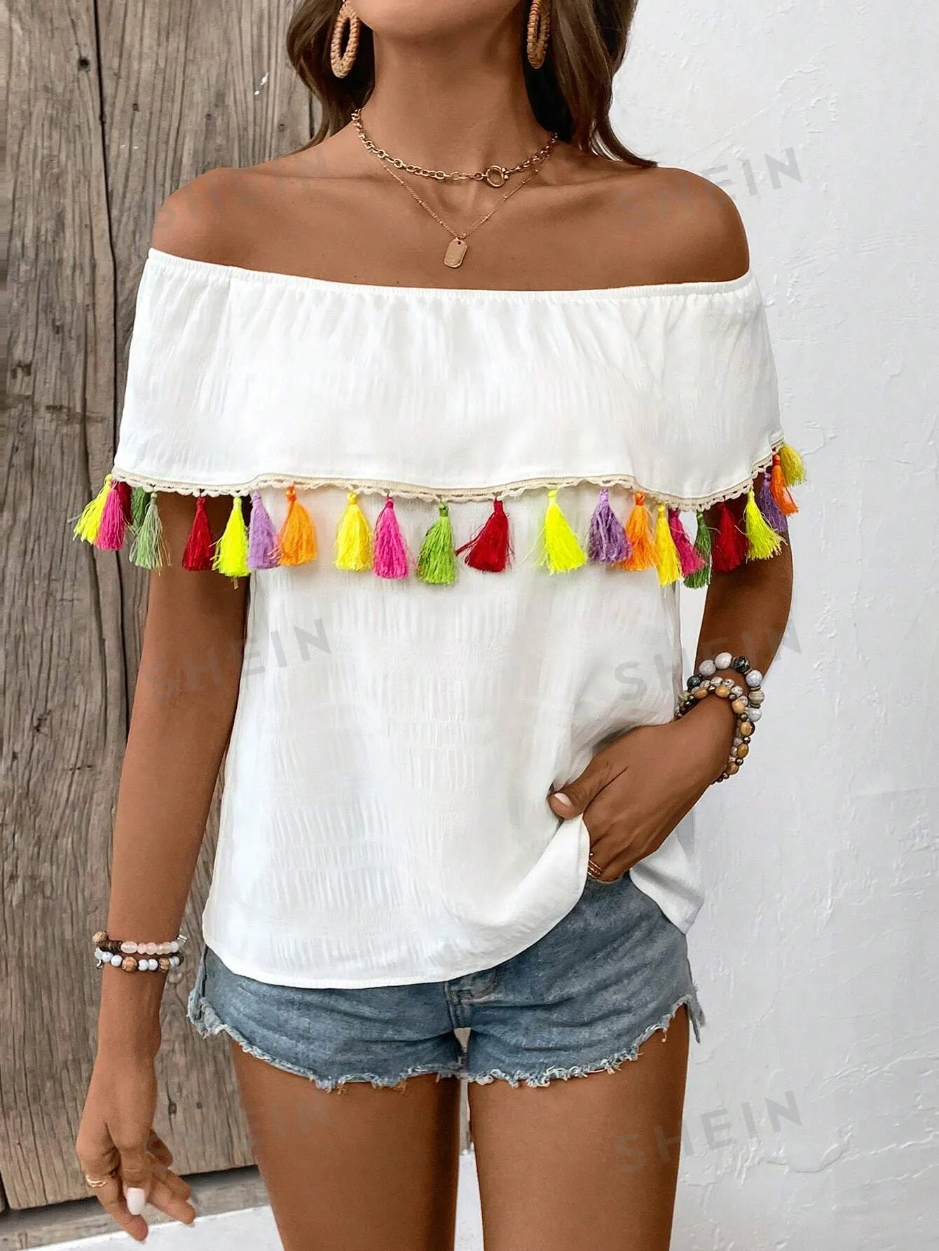 Kiss Me Off the Shoulder Shirt With Tassels