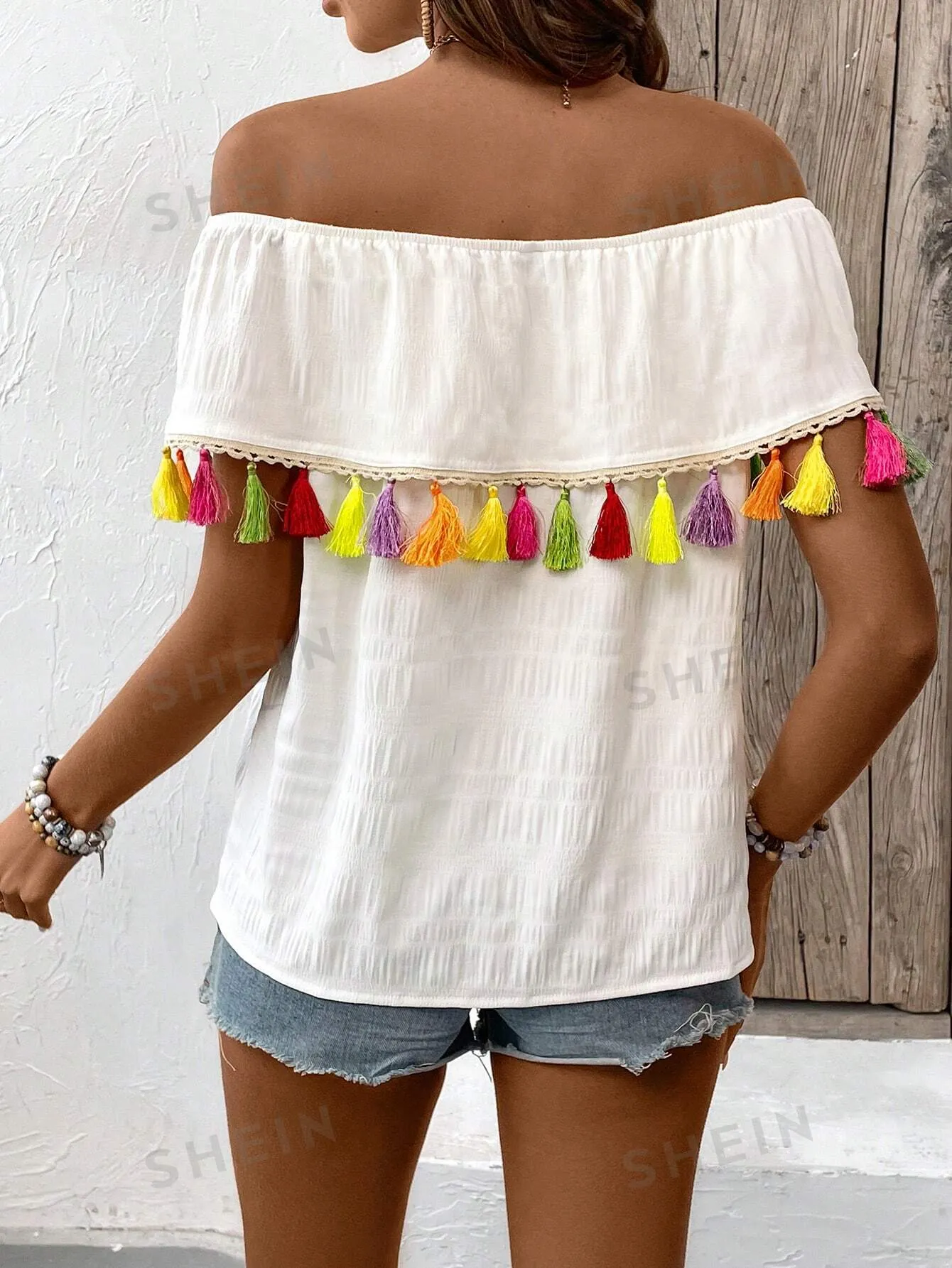 Kiss Me Off the Shoulder Shirt With Tassels