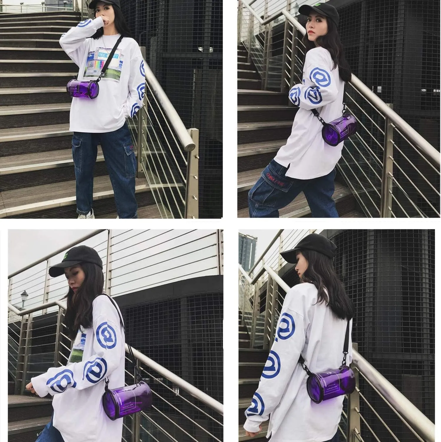 Ladies Clear Unique Design Round Transparent PVC Cylindrical Bucket Transparent Purse Diagonal Shoulder Bag-Purple