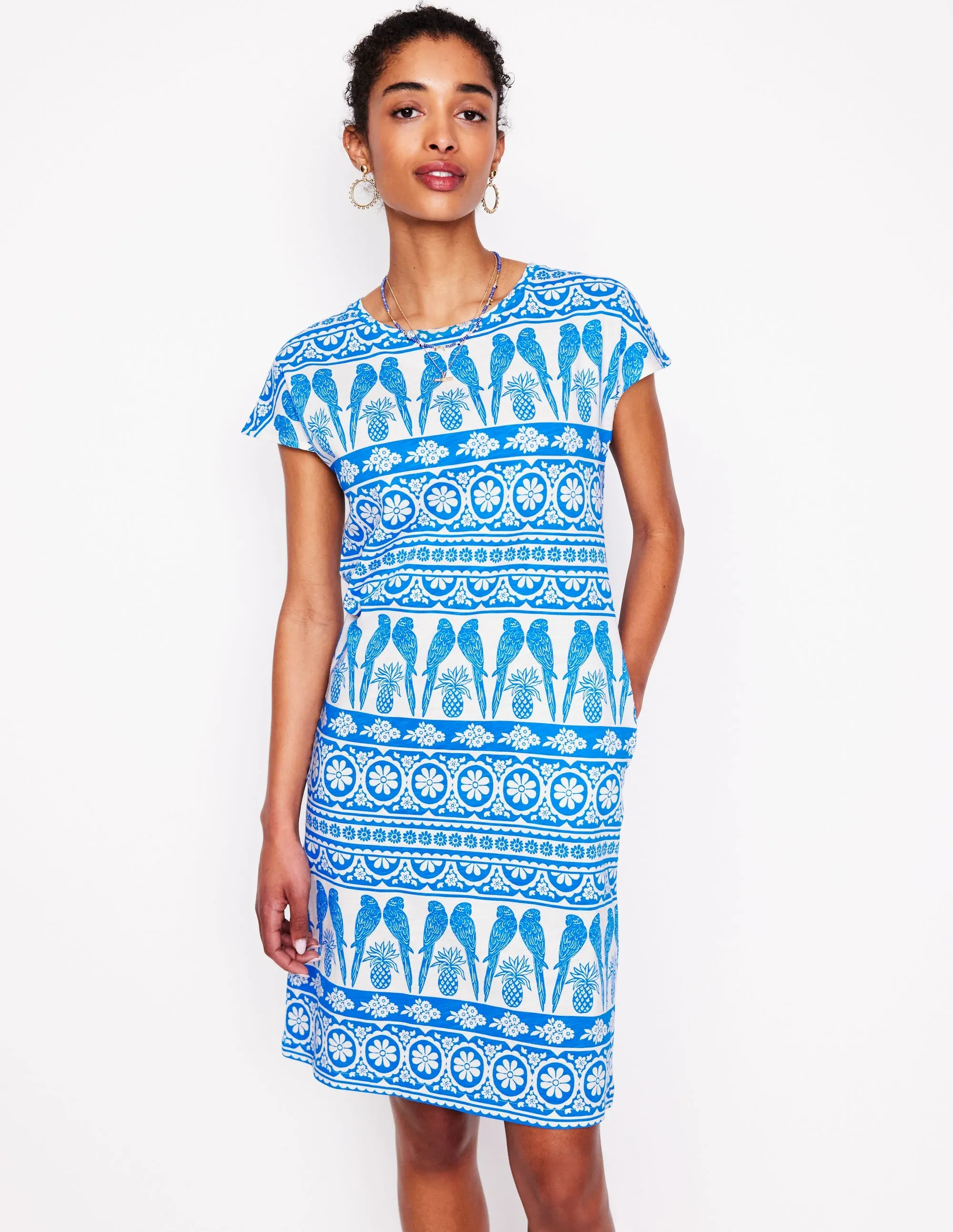 Leah Jersey T-shirt Dress-Cerulean Blue, Ornate Tropic