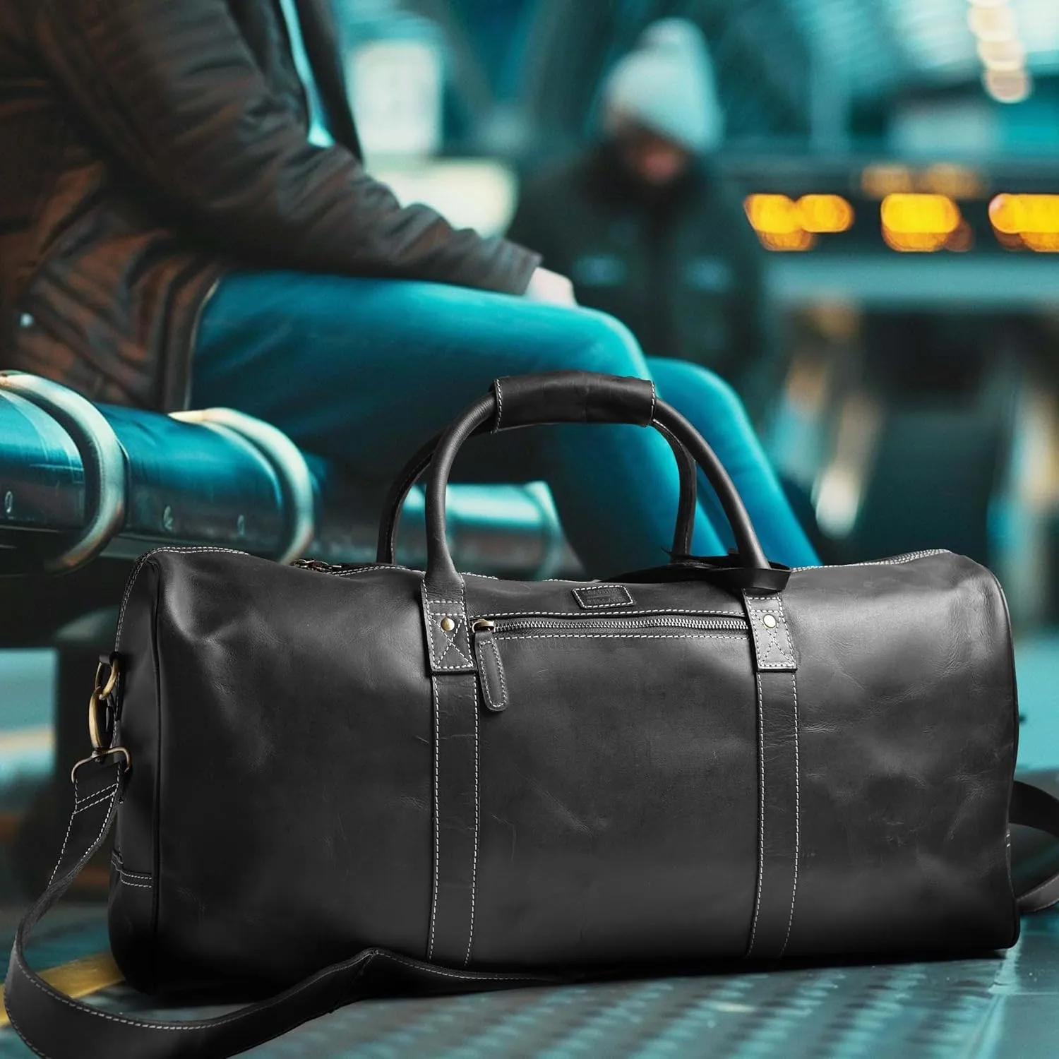 Leather Village Premium Leather Duffel Bags for Men & Women-Stylish Travel Weekender Carry-On Sports Gym Overnight Luggage Bag - 24 Inch - Black