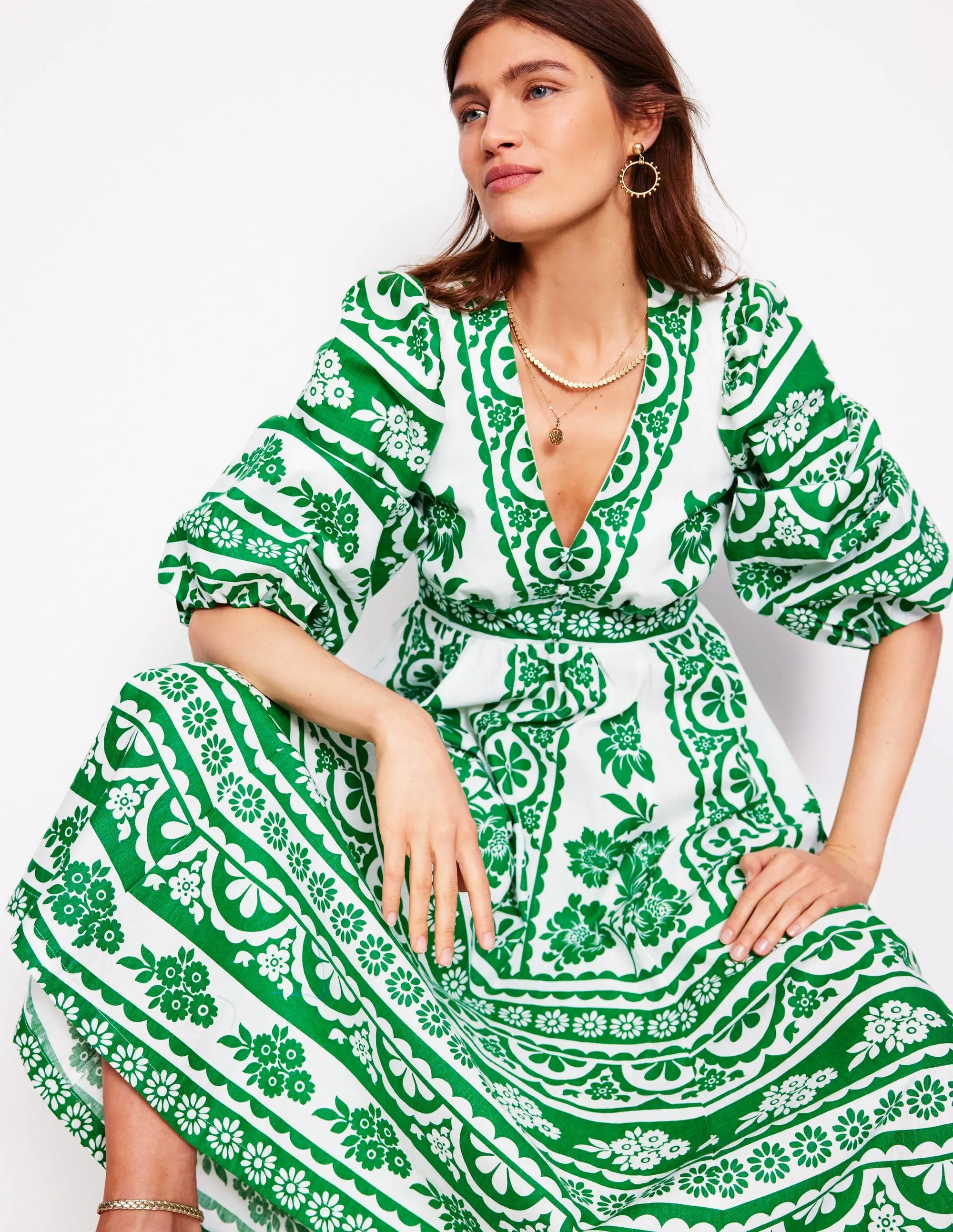 Lola Blouson Maxi Dress-Rich Emerald, Ornate Tropics