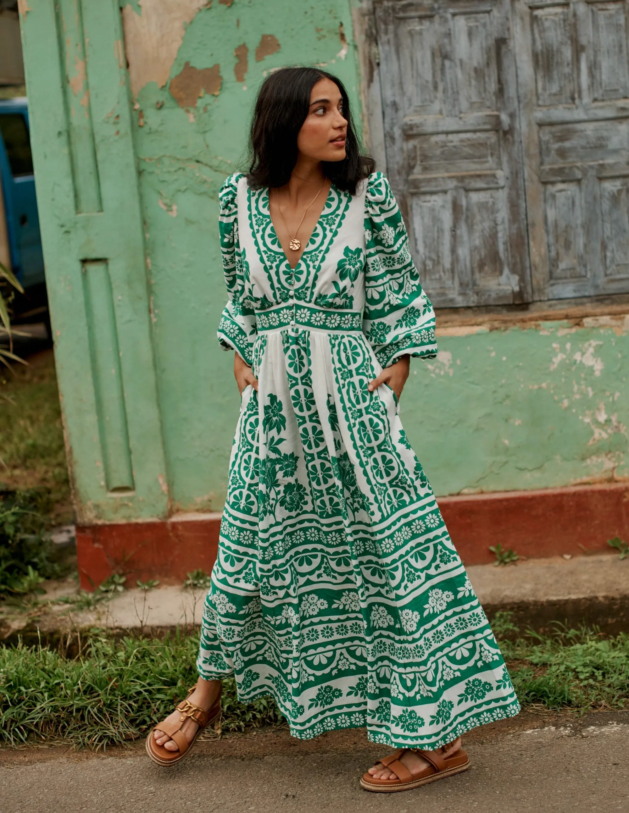 Lola Blouson Maxi Dress-Rich Emerald, Ornate Tropics