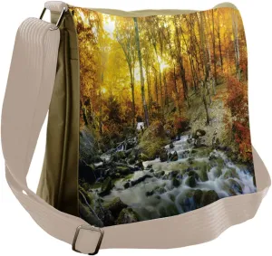 Lunarable Landscape Messenger Bag, Autumn Leaves and Creek, Unisex Cross-body