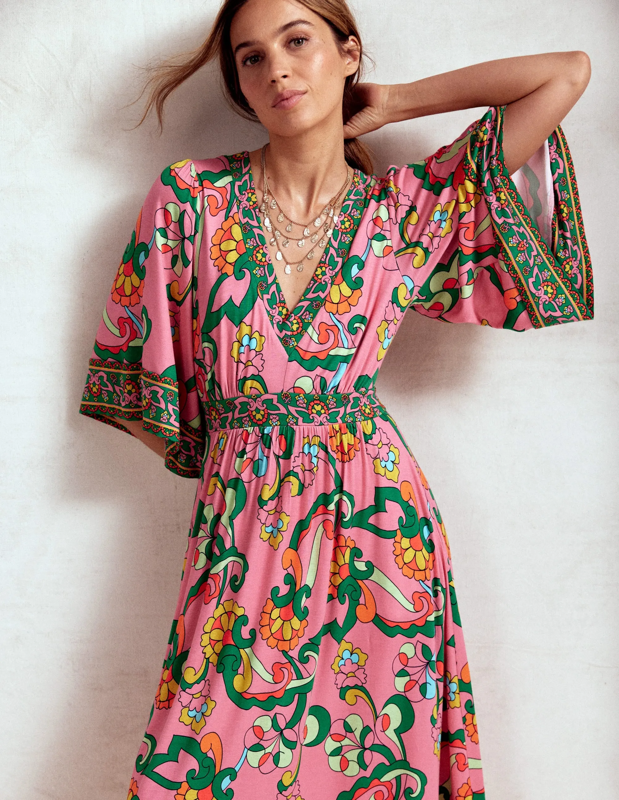 Maya Kimono Jersey Maxi Dress-Pink Rose, Foliage Trail