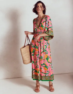 Maya Kimono Jersey Maxi Dress-Pink Rose, Foliage Trail