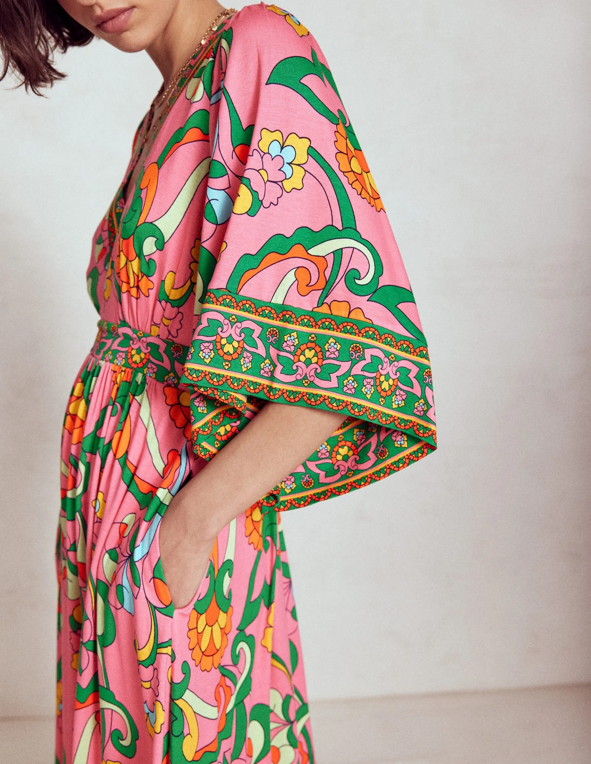 Maya Kimono Jersey Maxi Dress-Pink Rose, Foliage Trail