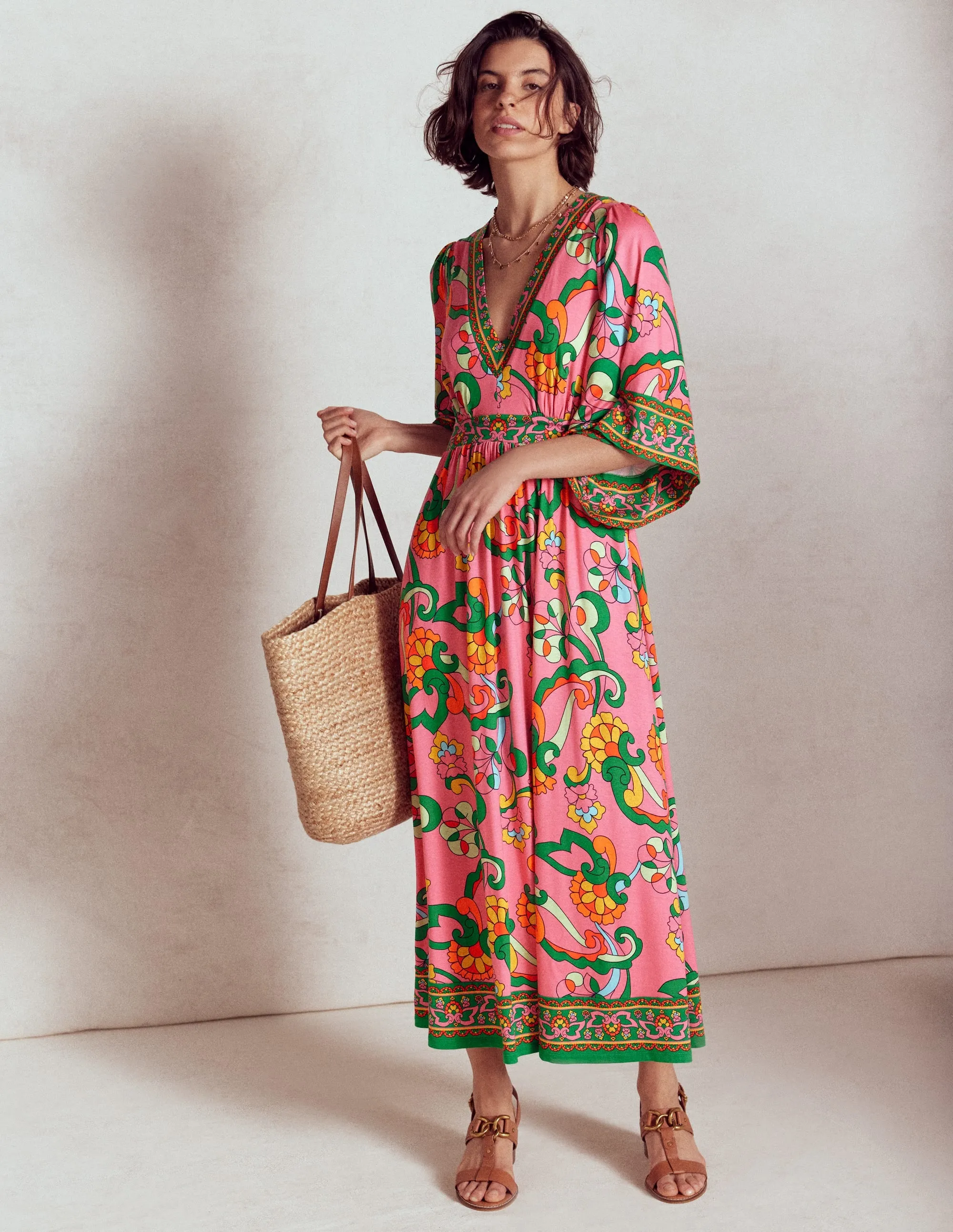 Maya Kimono Jersey Maxi Dress-Pink Rose, Foliage Trail