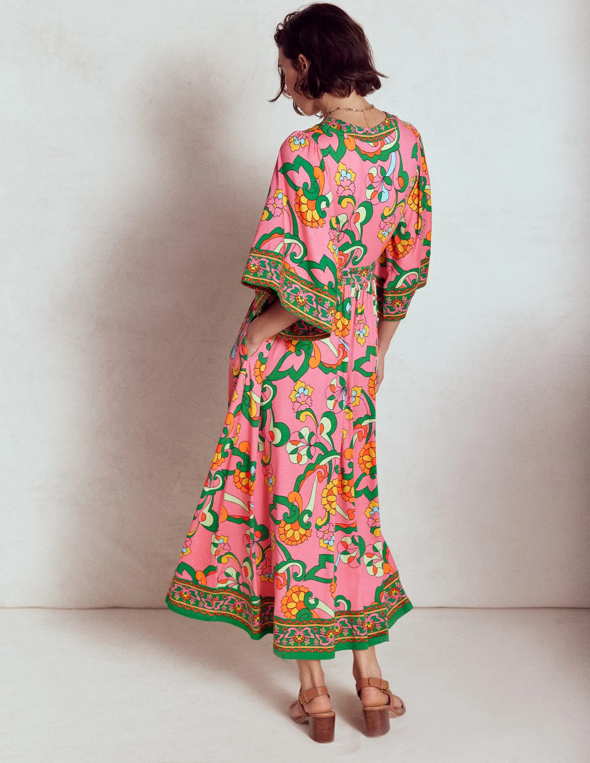 Maya Kimono Jersey Maxi Dress-Pink Rose, Foliage Trail