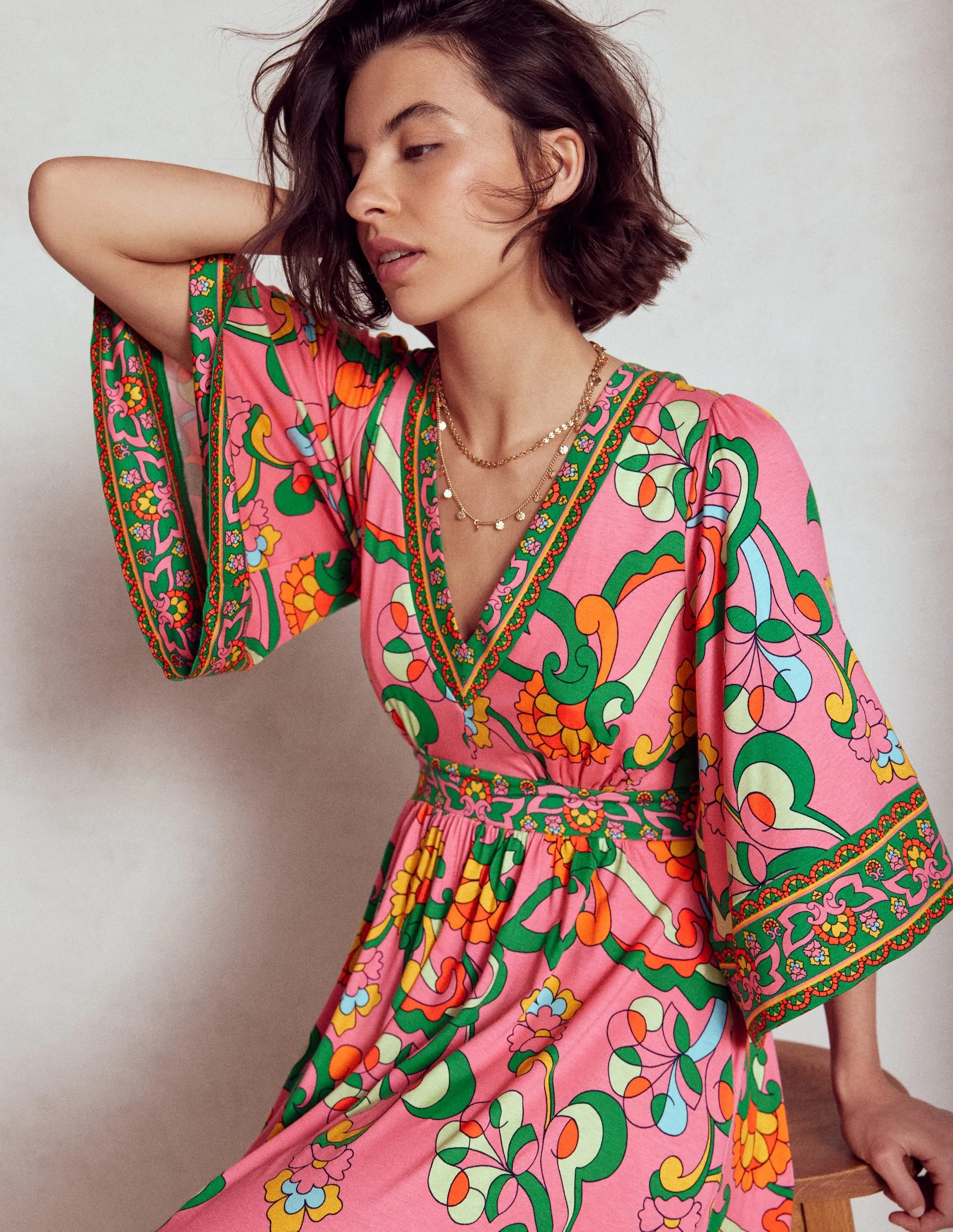 Maya Kimono Jersey Maxi Dress-Pink Rose, Foliage Trail