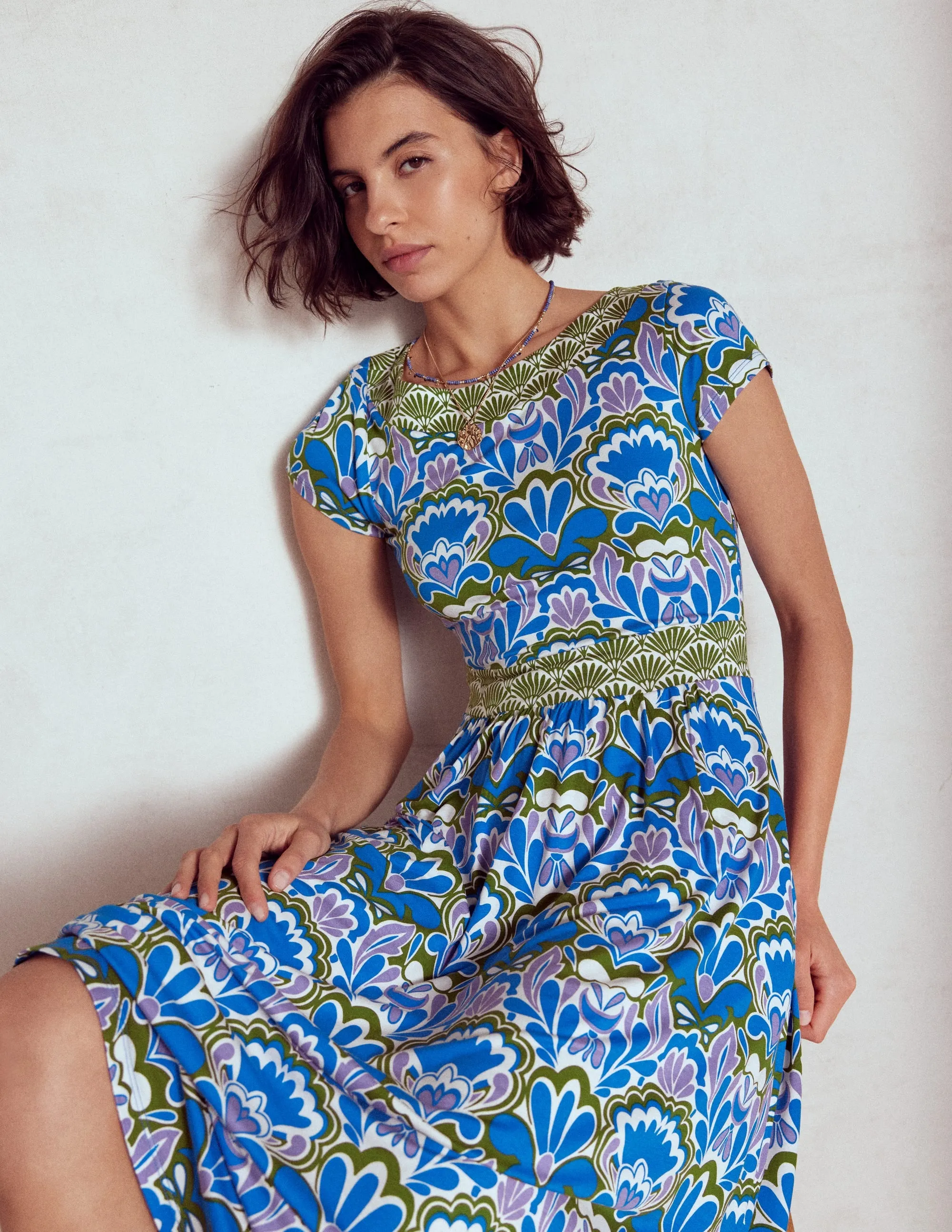 Melanie Jersey Midi Dress-Kingfisher Blue, Freesia Stamp