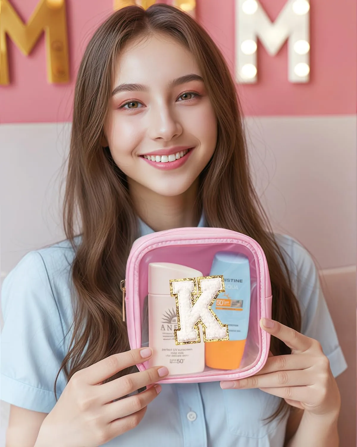 Mini Initial Makeup Bag | Clear Makeup Bag | Preppy Cosmetic Bags Easter Basket Essentials Gifts for Women Teen Girlfriend Teacher Brithday Clear Toiletry Bag Small Cosmetic Bag for Purse Pink K
