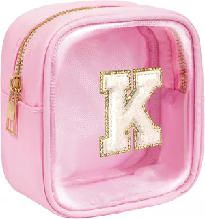 Mini Initial Makeup Bag | Clear Makeup Bag | Preppy Cosmetic Bags Easter Basket Essentials Gifts for Women Teen Girlfriend Teacher Brithday Clear Toiletry Bag Small Cosmetic Bag for Purse Pink K