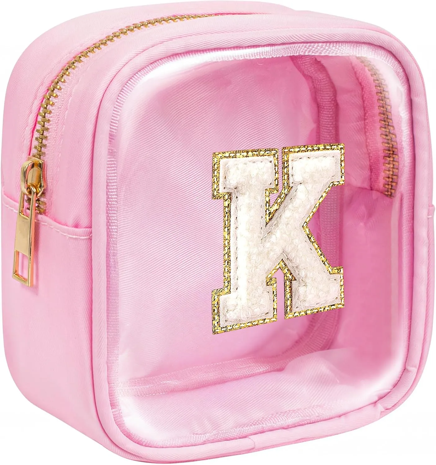 Mini Initial Makeup Bag | Clear Makeup Bag | Preppy Cosmetic Bags Easter Basket Essentials Gifts for Women Teen Girlfriend Teacher Brithday Clear Toiletry Bag Small Cosmetic Bag for Purse Pink K