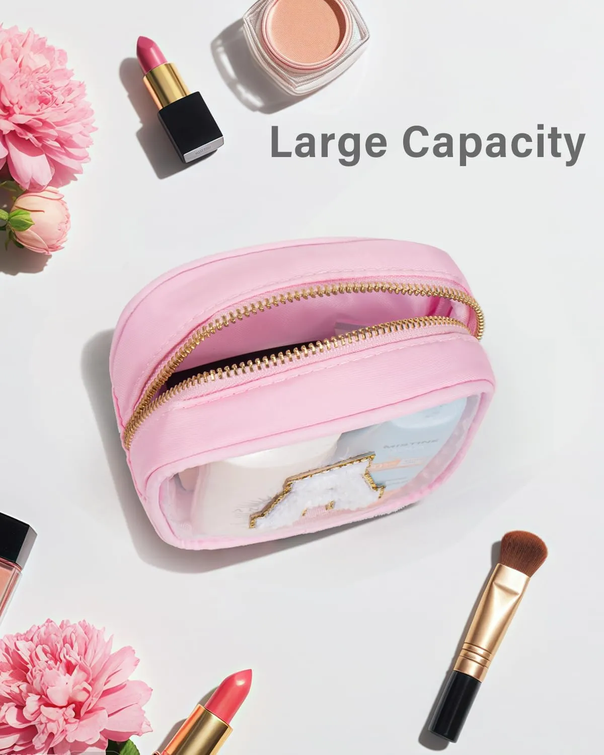 Mini Initial Makeup Bag | Clear Makeup Bag | Preppy Cosmetic Bags Easter Basket Essentials Gifts for Women Teen Girlfriend Teacher Brithday Clear Toiletry Bag Small Cosmetic Bag for Purse Pink K