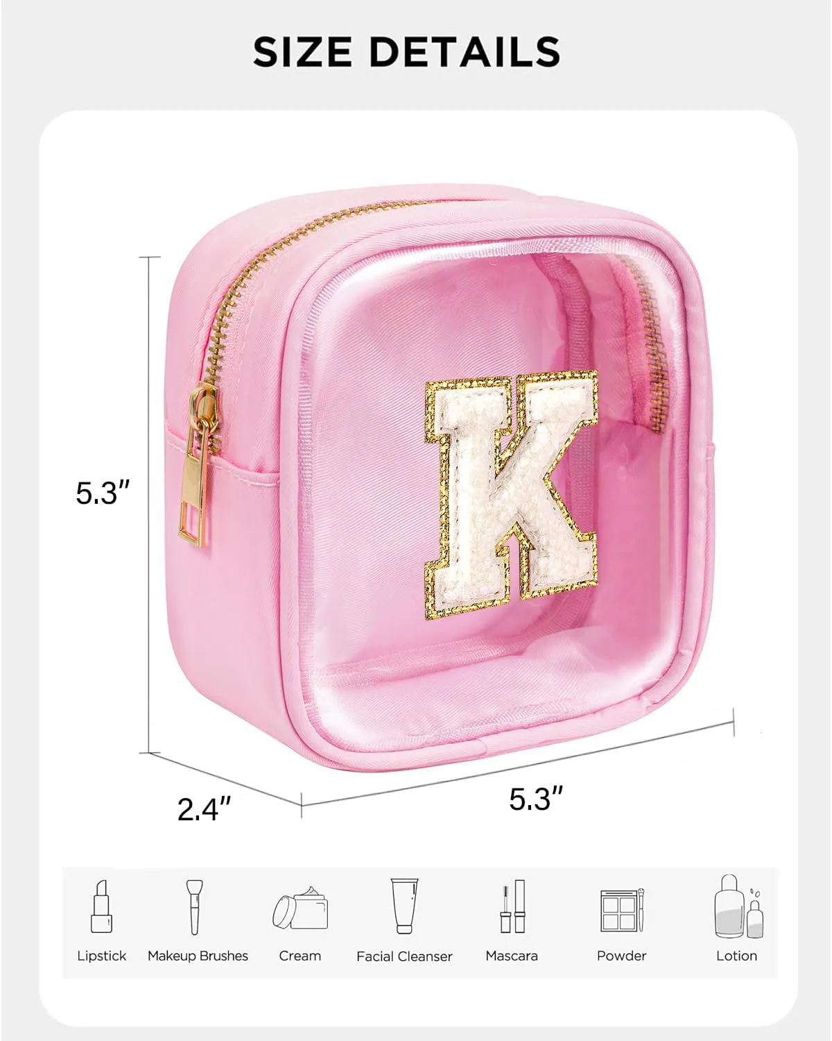 Mini Initial Makeup Bag | Clear Makeup Bag | Preppy Cosmetic Bags Easter Basket Essentials Gifts for Women Teen Girlfriend Teacher Brithday Clear Toiletry Bag Small Cosmetic Bag for Purse Pink K