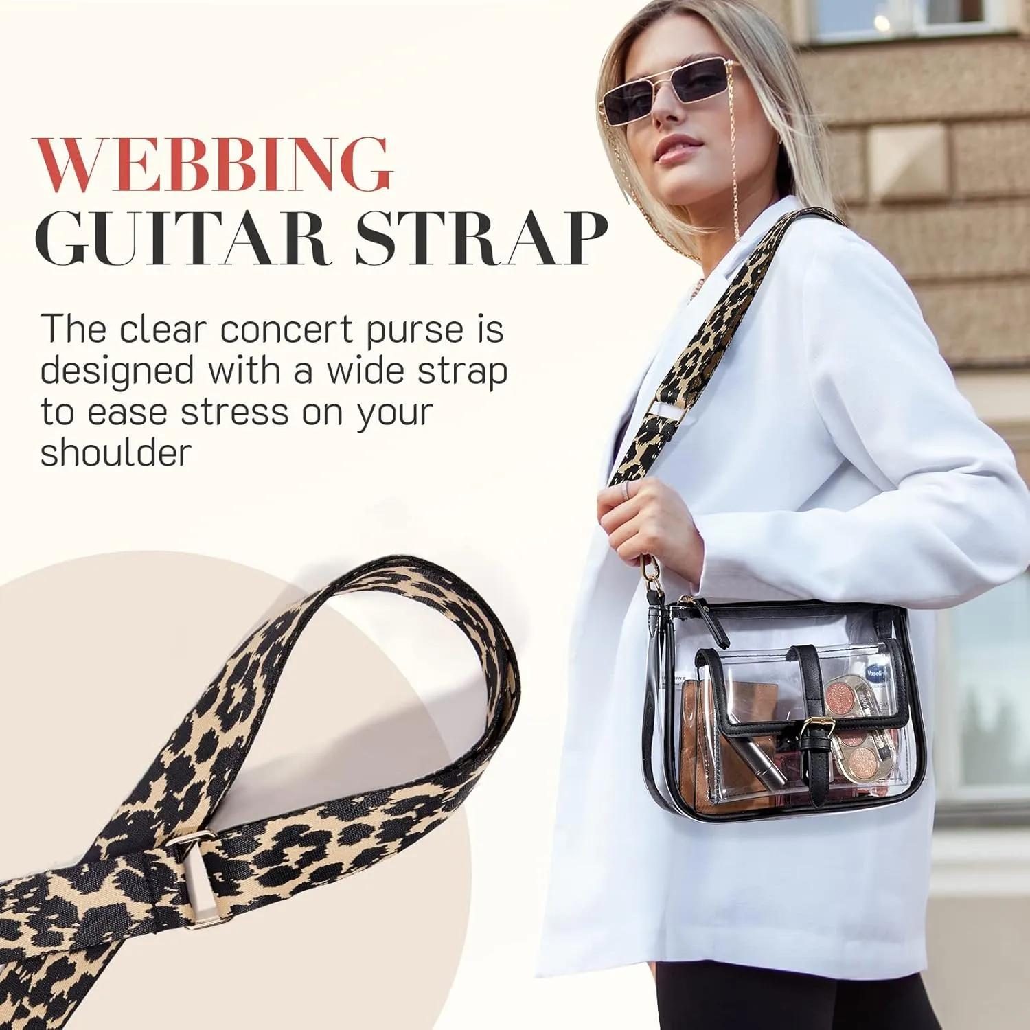 Missnine Clear Bag Stadium Approved PVC Crossbody Purse for Women Transparent Shoulder Concert Bag with Guitar Strap