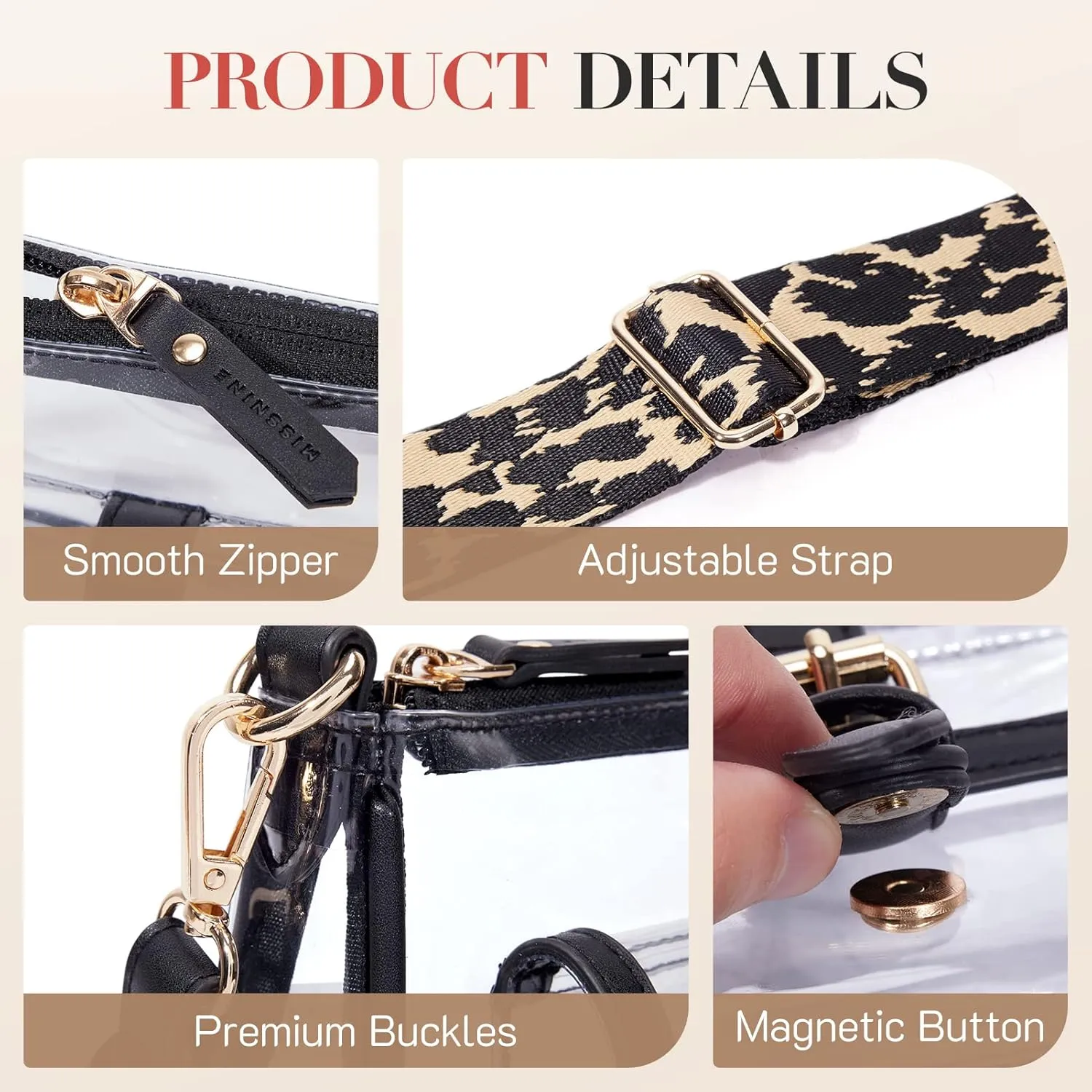 Missnine Clear Bag Stadium Approved PVC Crossbody Purse for Women Transparent Shoulder Concert Bag with Guitar Strap