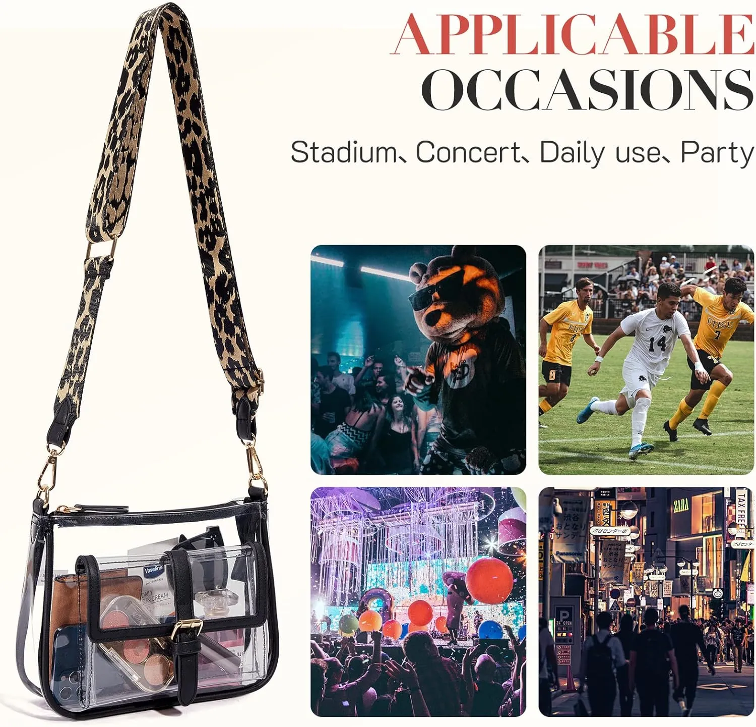 Missnine Clear Bag Stadium Approved PVC Crossbody Purse for Women Transparent Shoulder Concert Bag with Guitar Strap