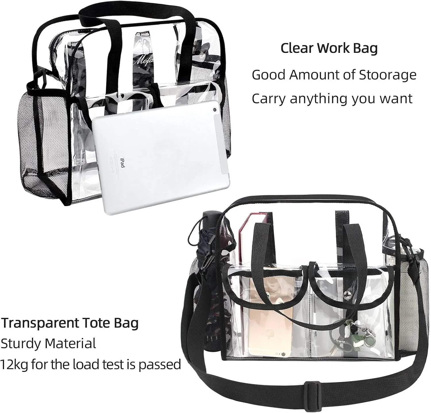 MOFASVIGI Clear Bag Stadium Approved Transparent Waterproof Clear Tote Bags for Work, Sports Games, Concerts,Travel-12 x12 x6