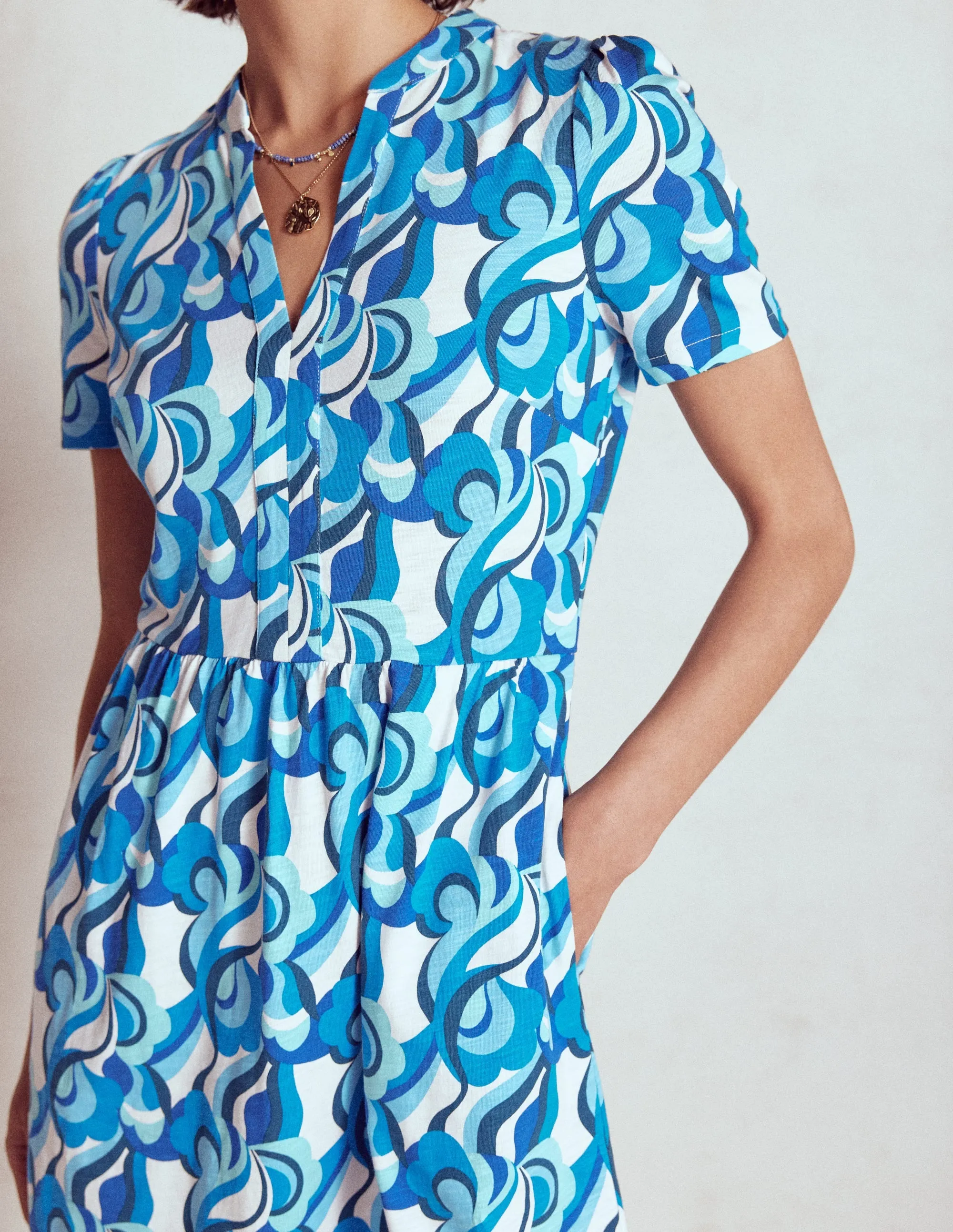 Naomi Short Sleeve Dress-Blue, Abstract Swirl