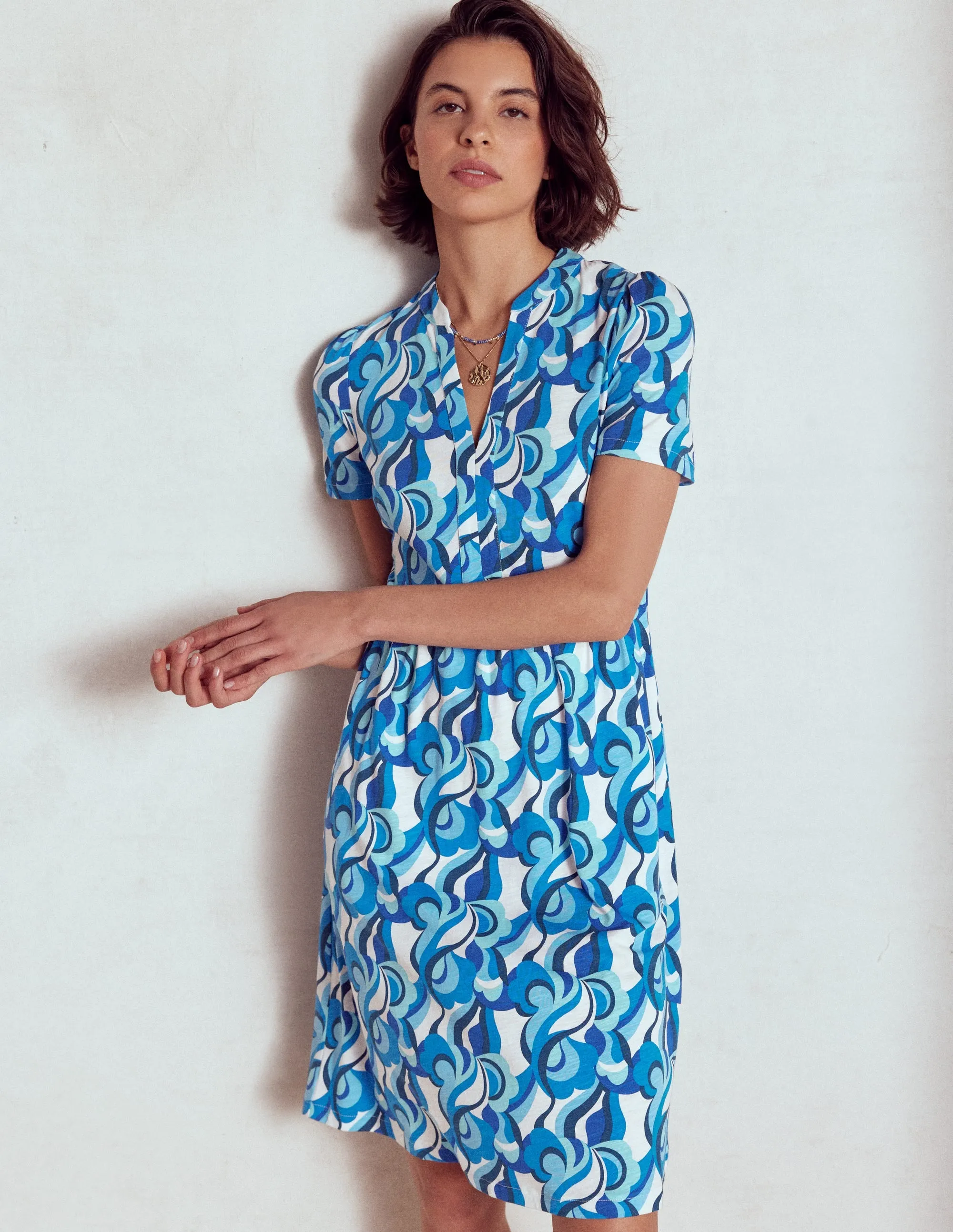 Naomi Short Sleeve Dress-Blue, Abstract Swirl