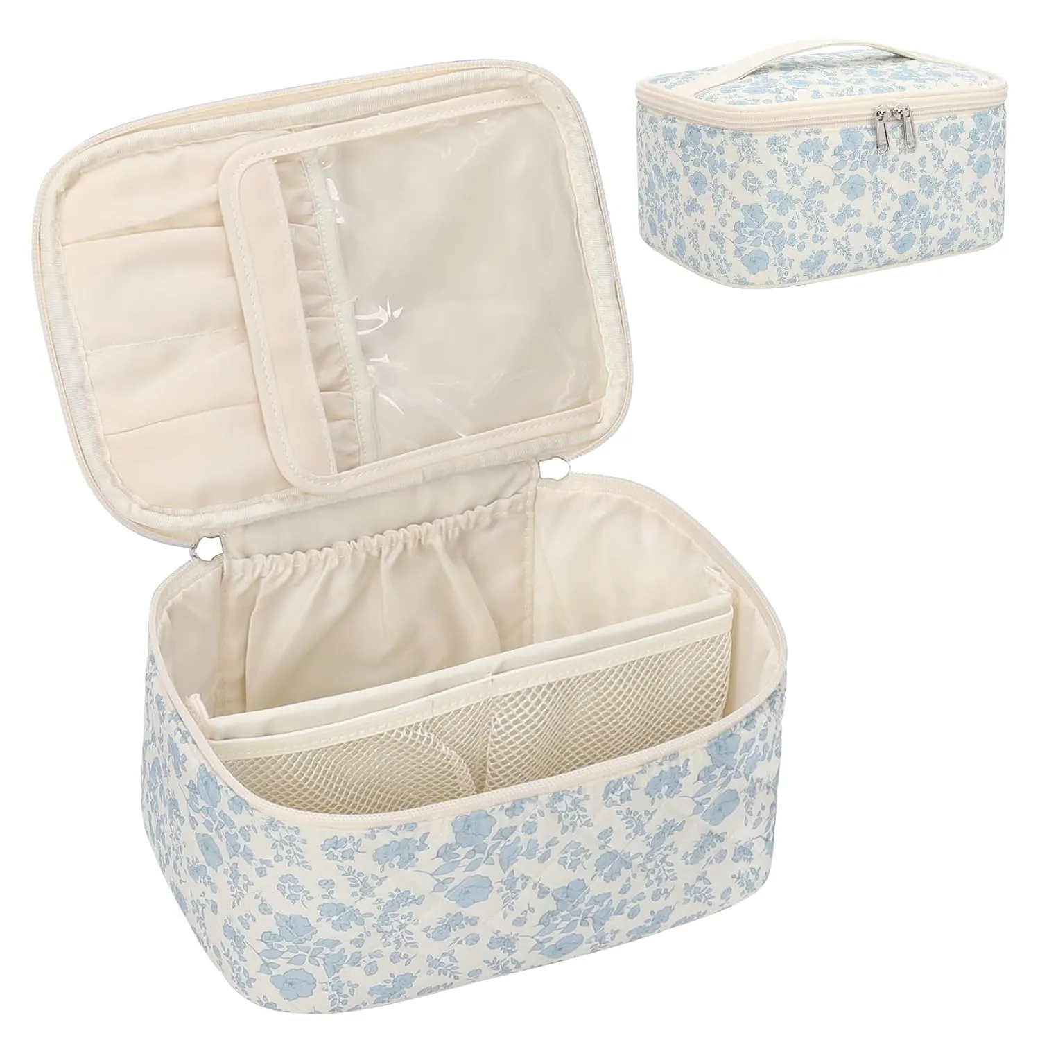 OCHEAL Makeup Bag Portable Cosmetic Bag For Women, Large Capacity Travel Makeup Case Organizer, Toiletry Bag for Girls Traveling With Handle and Divider-Flowers