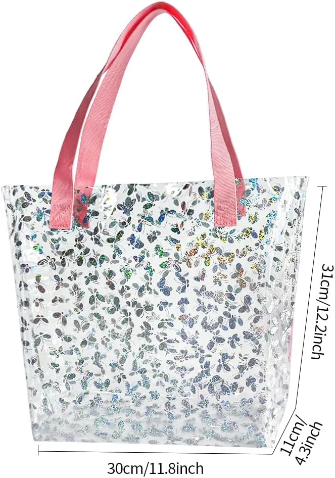 ONEART 2 Pieces Hot pink Clear Tote Bags, Waterproof Seethrough Bag Vinyl Handle Bag, Transparent Tote Bag for Women