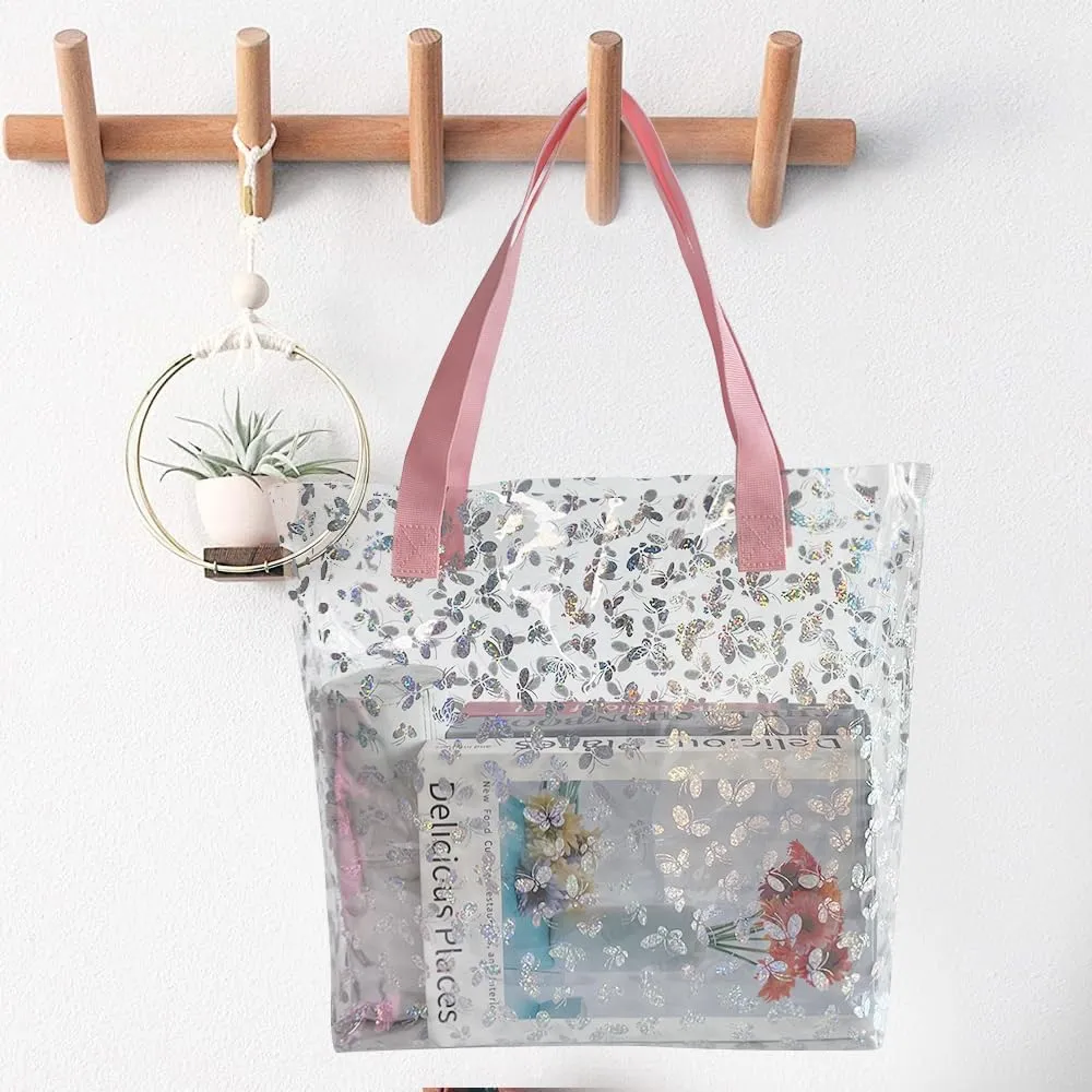 ONEART 2 Pieces Hot pink Clear Tote Bags, Waterproof Seethrough Bag Vinyl Handle Bag, Transparent Tote Bag for Women