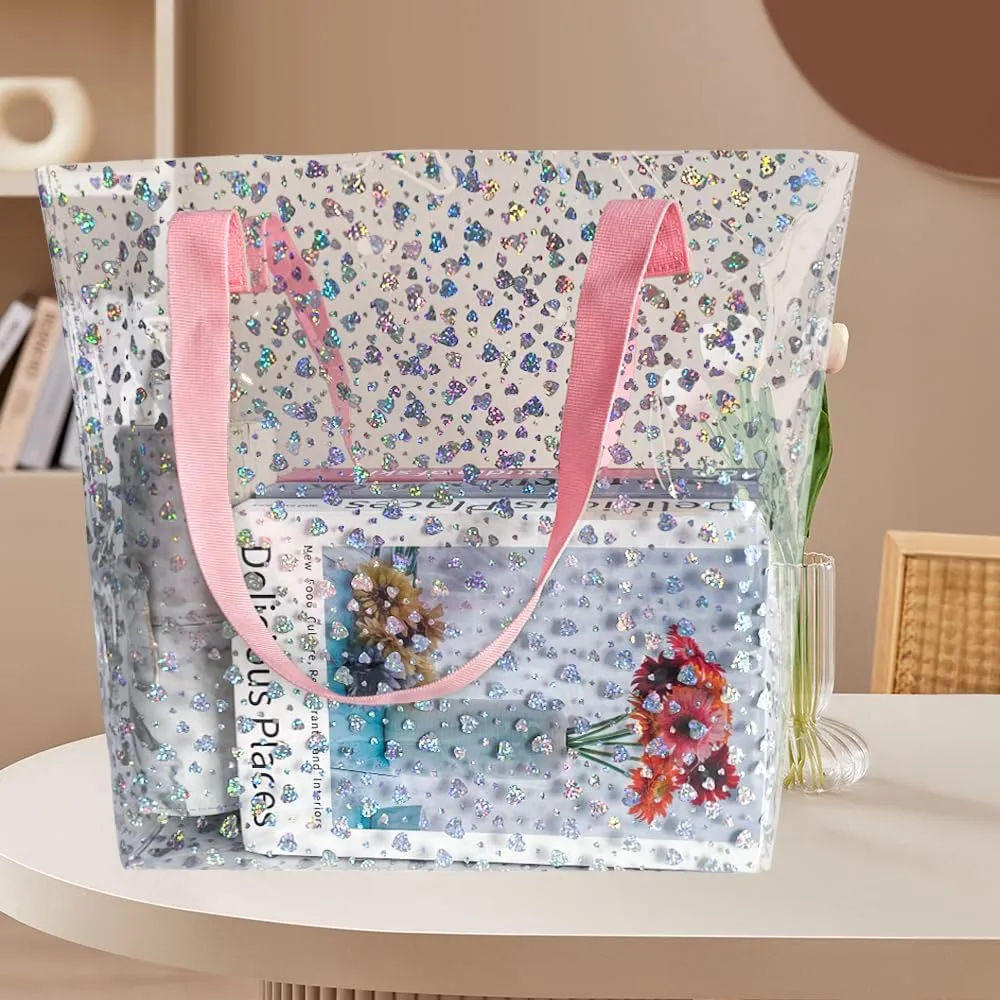 ONEART 2 Pieces Hot pink Clear Tote Bags, Waterproof Seethrough Bag Vinyl Handle Bag, Transparent Tote Bag for Women