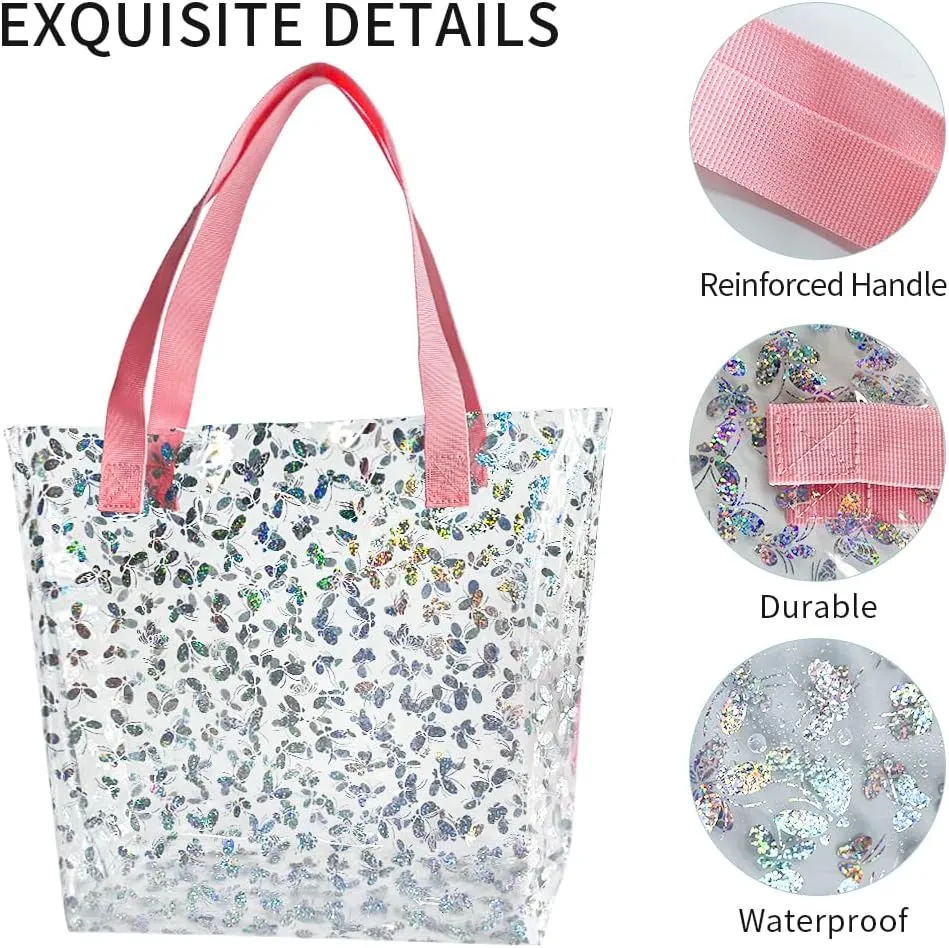 ONEART 2 Pieces Hot pink Clear Tote Bags, Waterproof Seethrough Bag Vinyl Handle Bag, Transparent Tote Bag for Women